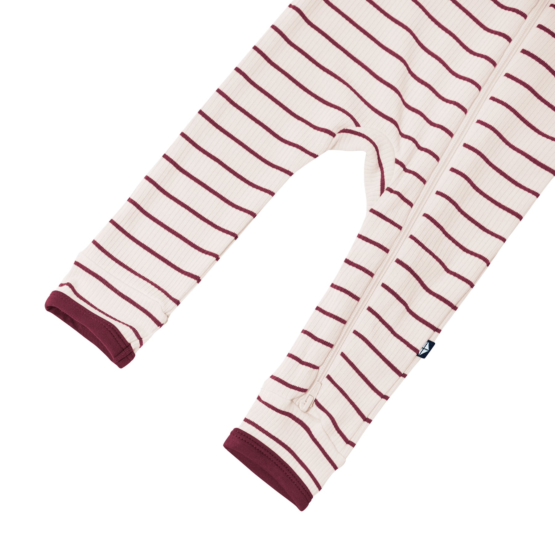 Bottom zipper shown on the leg of the Ribbed Zipper Romper in Burgundy Stripe