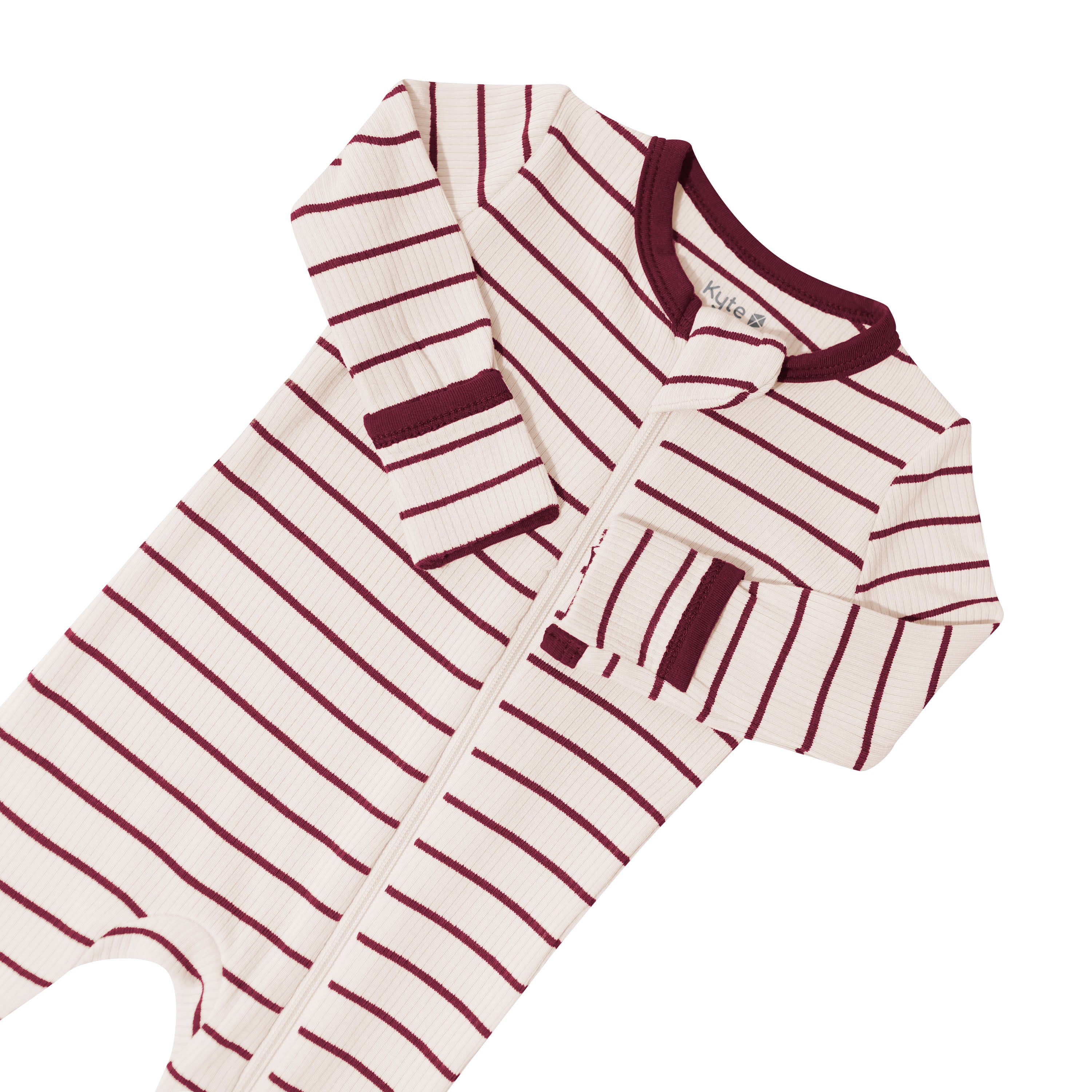 Zipper garage, zipper track and fold over hand cuffs shown on the Ribbed Zipper Romper in Burgundy Stripe