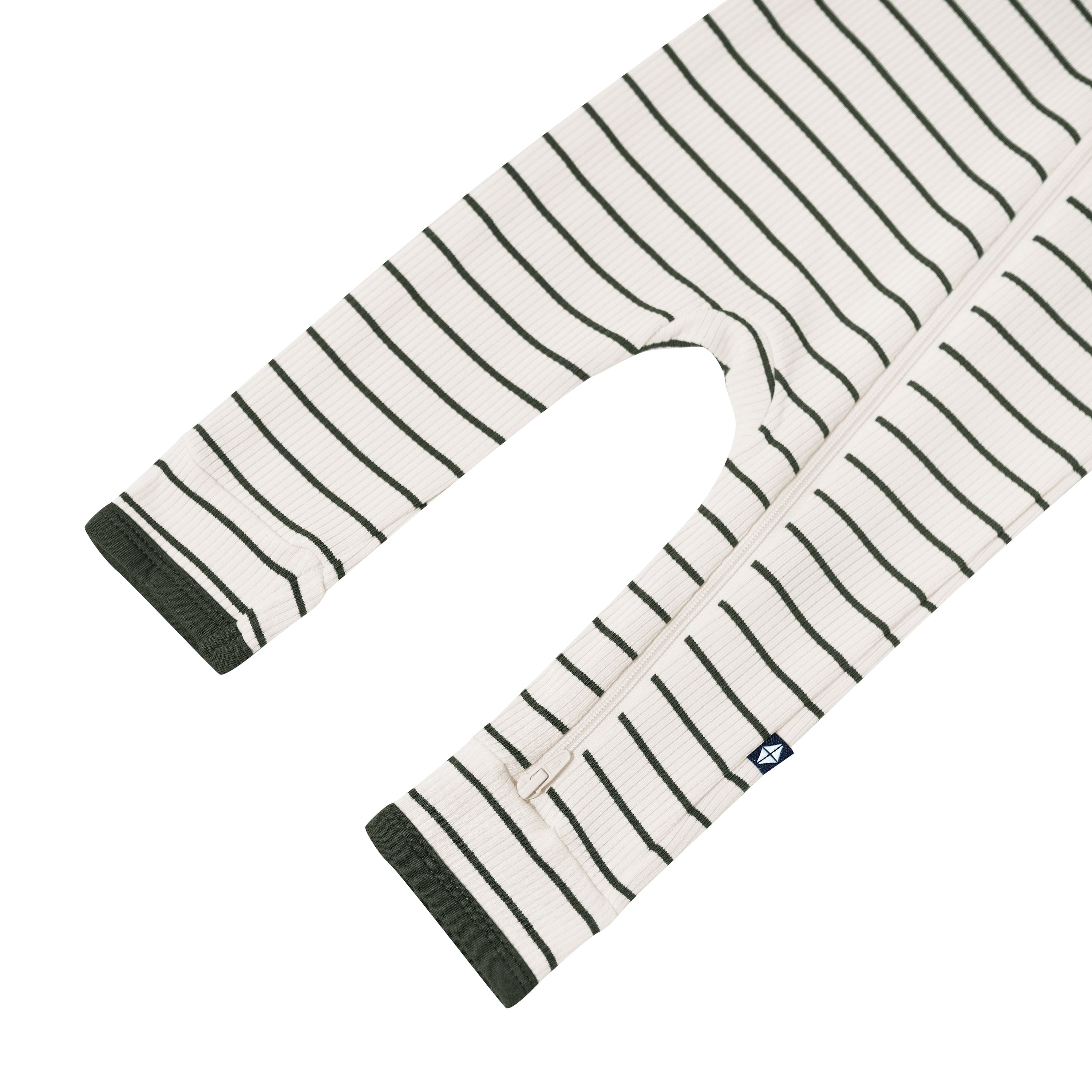 Bottom zipper shown on the leg of the Ribbed Zipper Romper in Fir Stripe