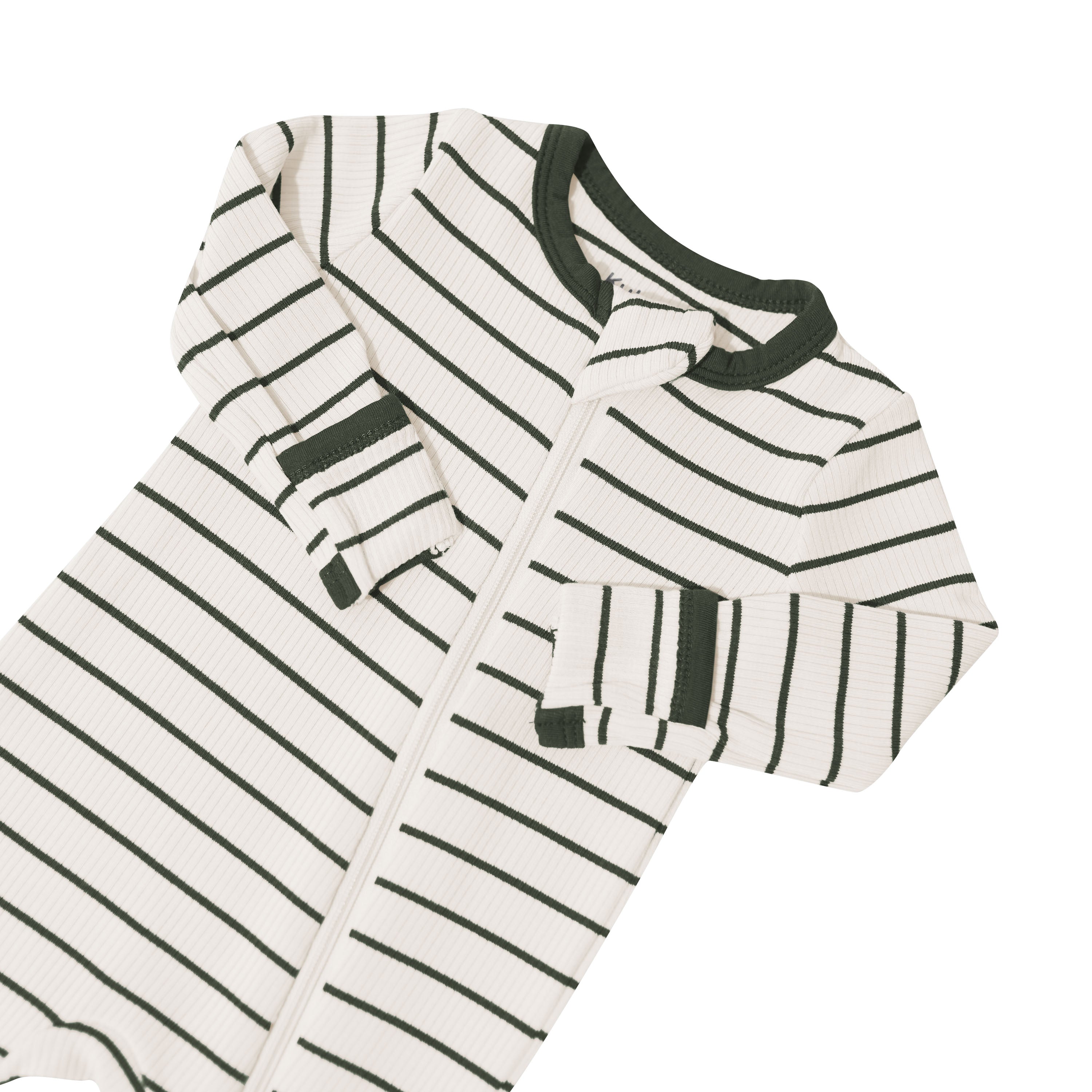 Zipper garage, zipper track and fold over hand cuffs shown on the Ribbed Zipper Romper in Fir Stripe