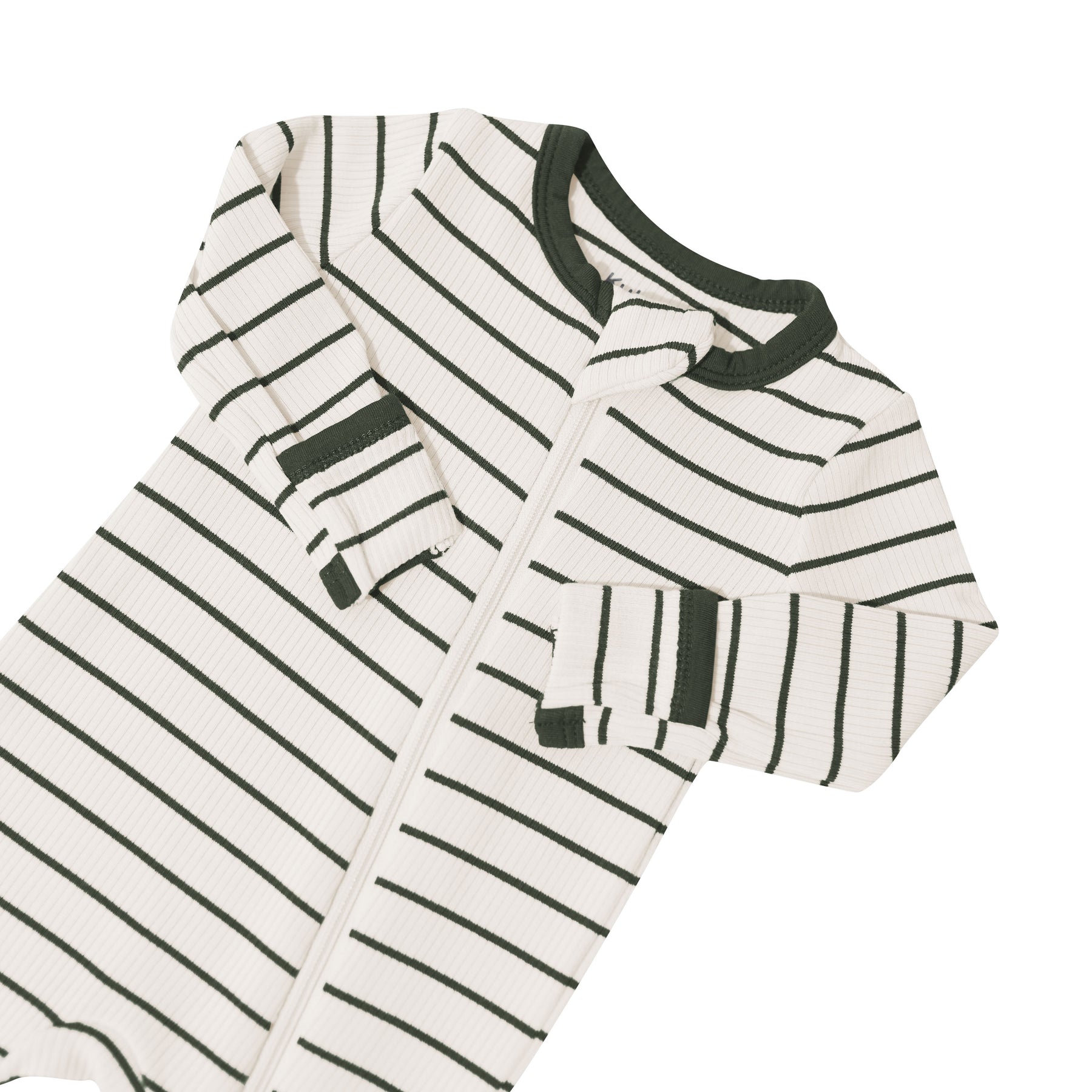 Zipper garage, zipper track and fold over hand cuffs shown on the Ribbed Zipper Romper in Fir Stripe