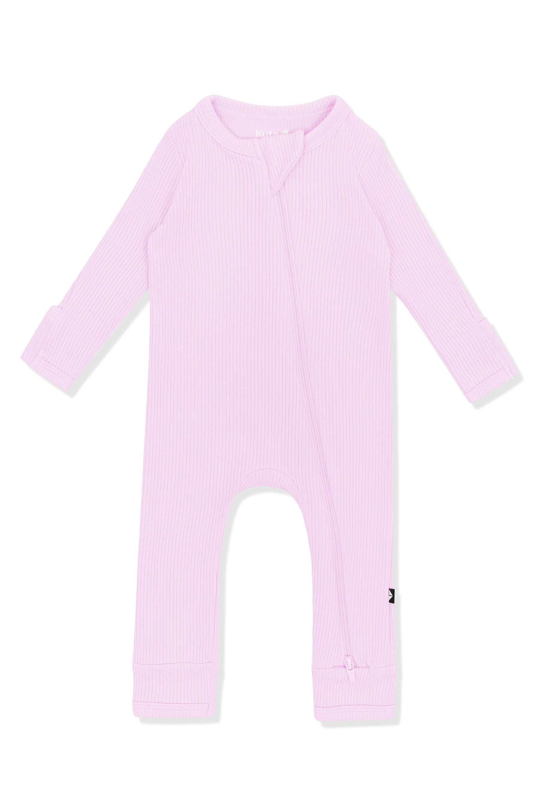 Product photo of the Ribbed Zipper Romper in Thistle shown on a white surface