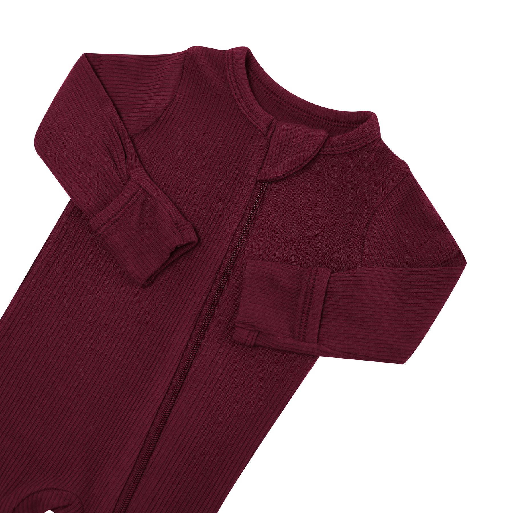 Close up of the zipper garage and fold over hand cuffs on the Ribbed Zipper Footie in Burgundy
