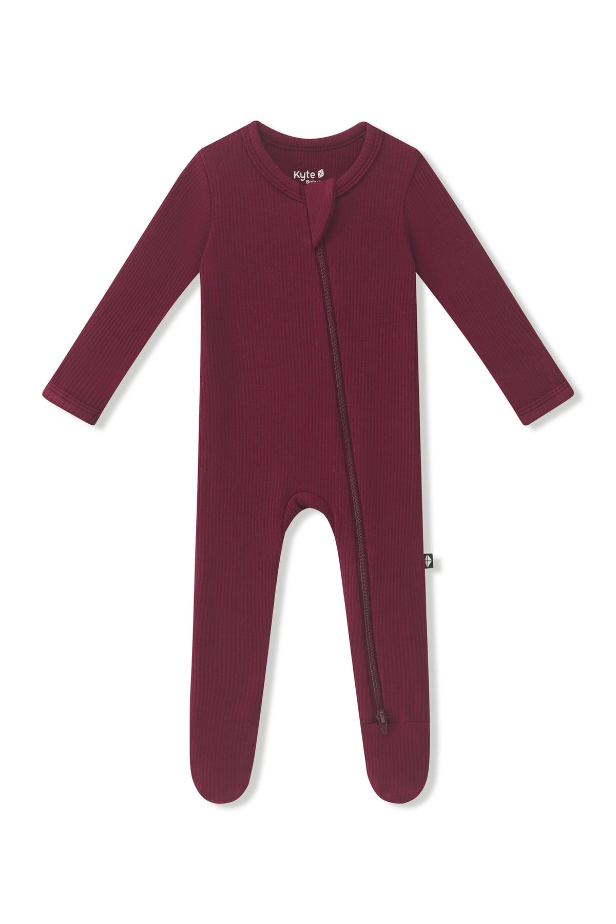 Ribbed Zipper Footie in Burgundy on a white background