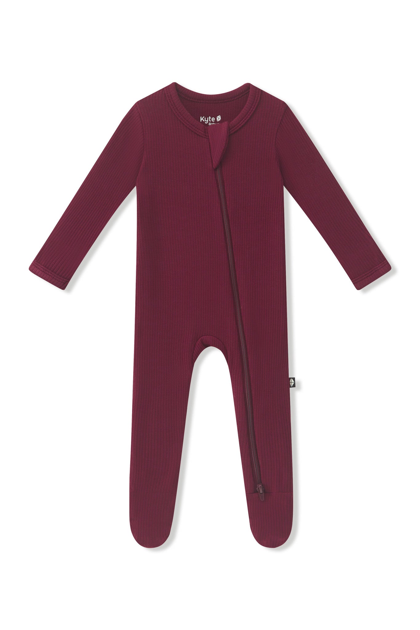 Ribbed Zipper Footie in Burgundy on a white background