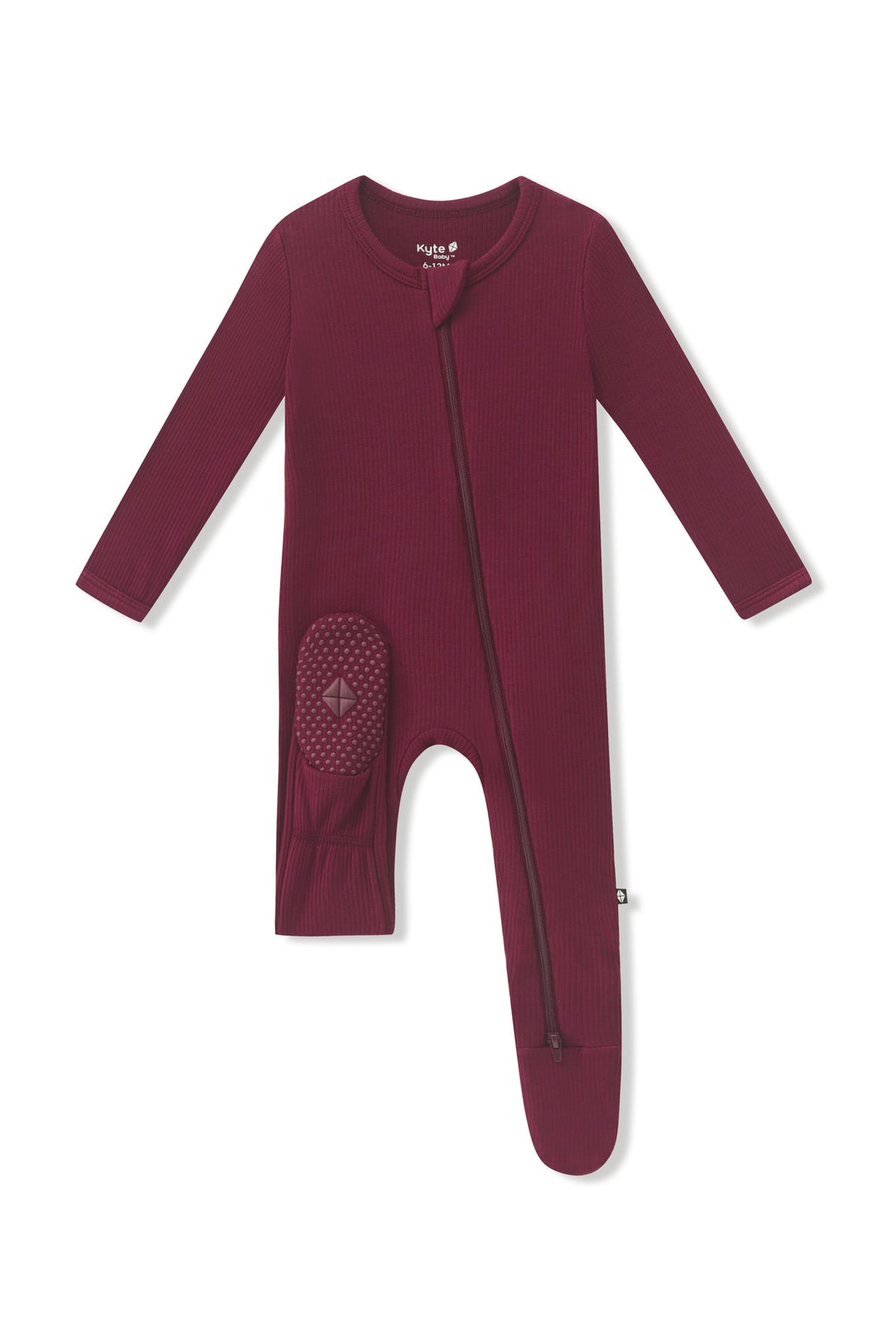Ribbed Zipper Footie in Burgundy with dotted footie on a white background