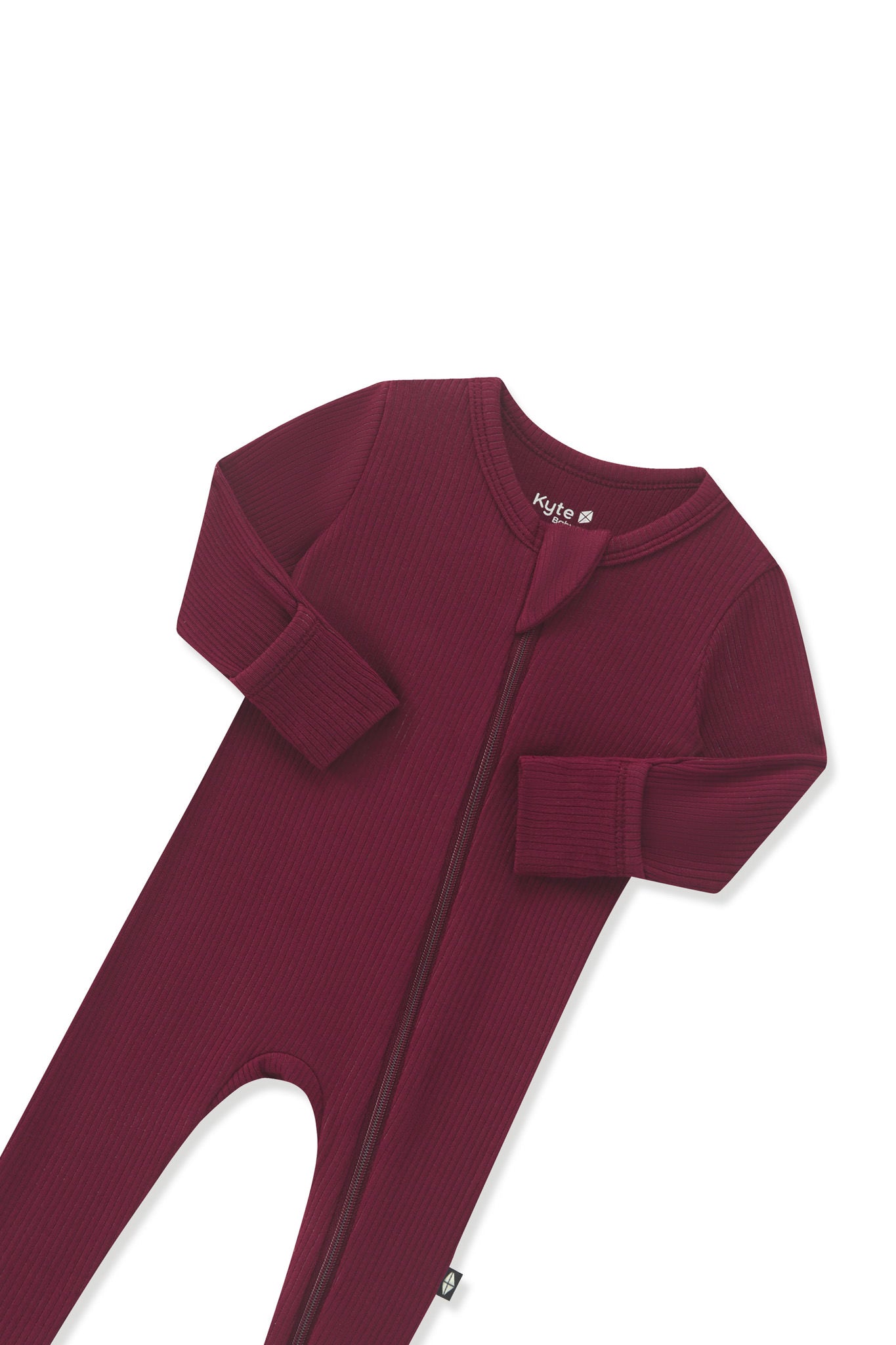 Close up of the zipper garage and fold over hand cuffs on the Ribbed Zipper Footie in Burgundy on a white background