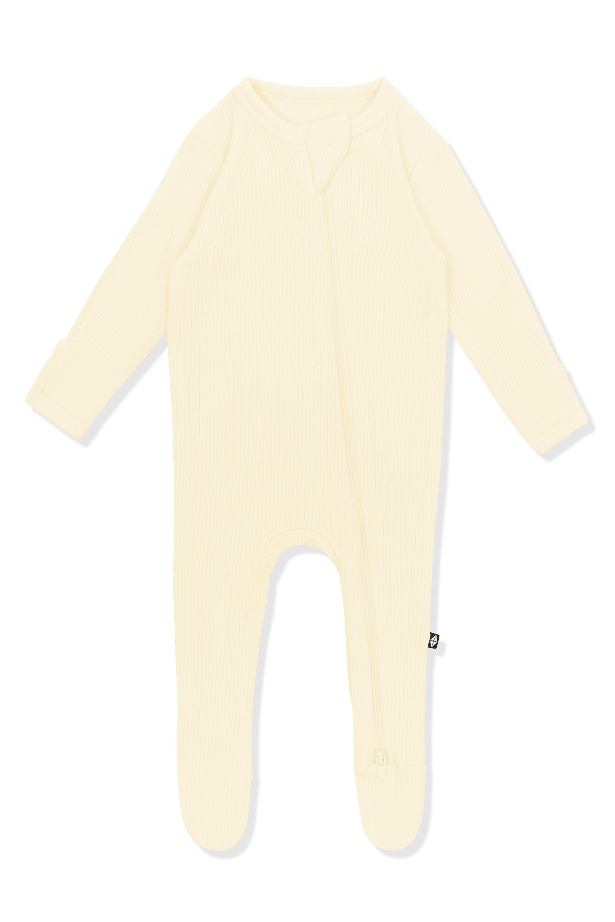 Product photo of the Ribbed Zipper Footie in Chamomile on a white background