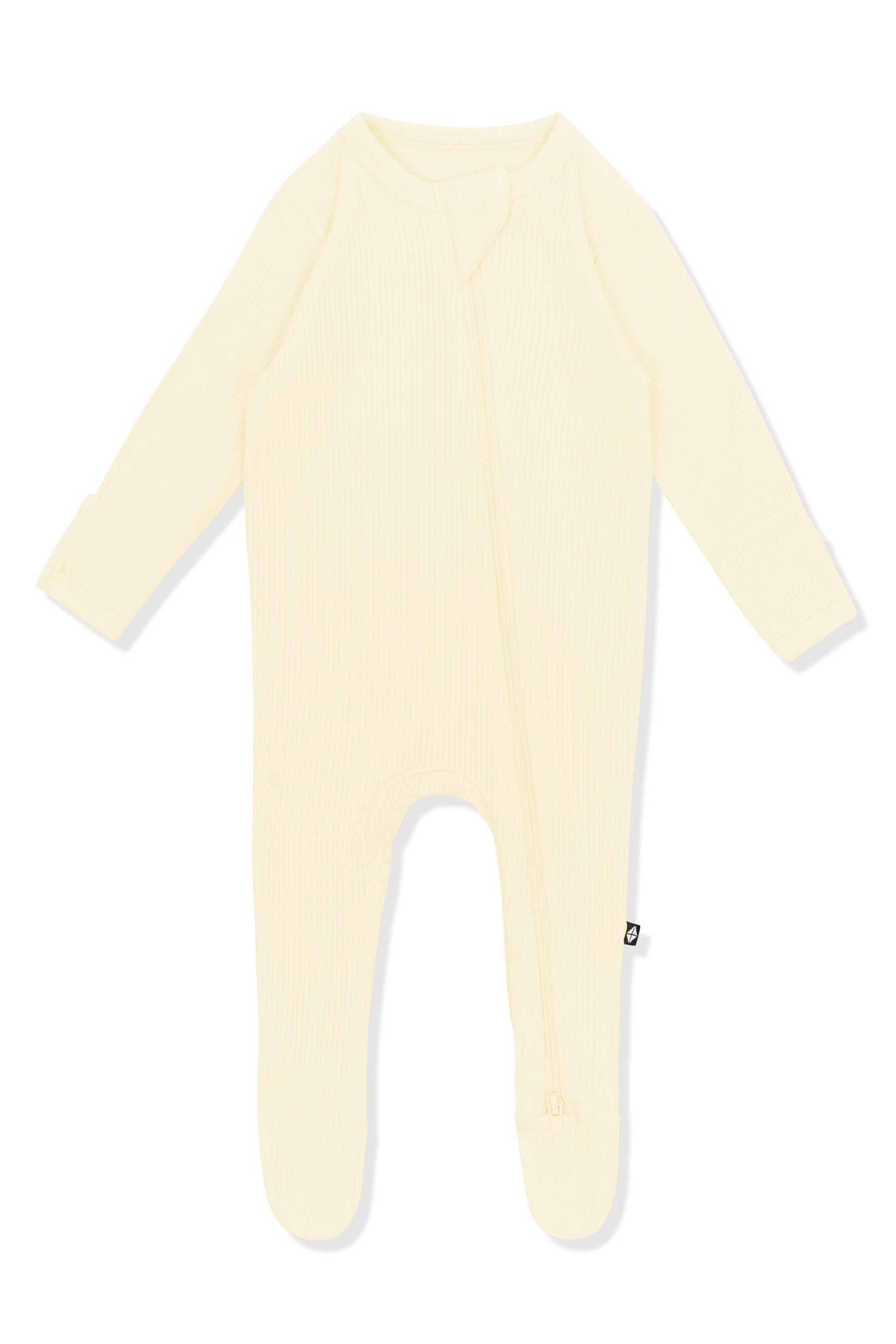 Product photo of the Ribbed Zipper Footie in Chamomile on a white background