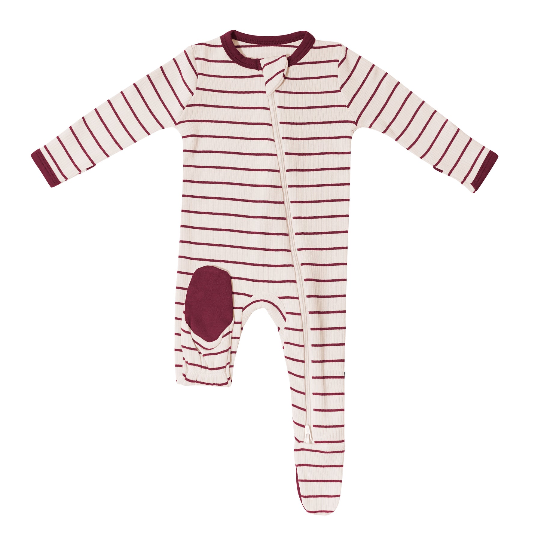 Red colored foot pad shown on the Ribbed Zipper Footie in Burgundy Stripe