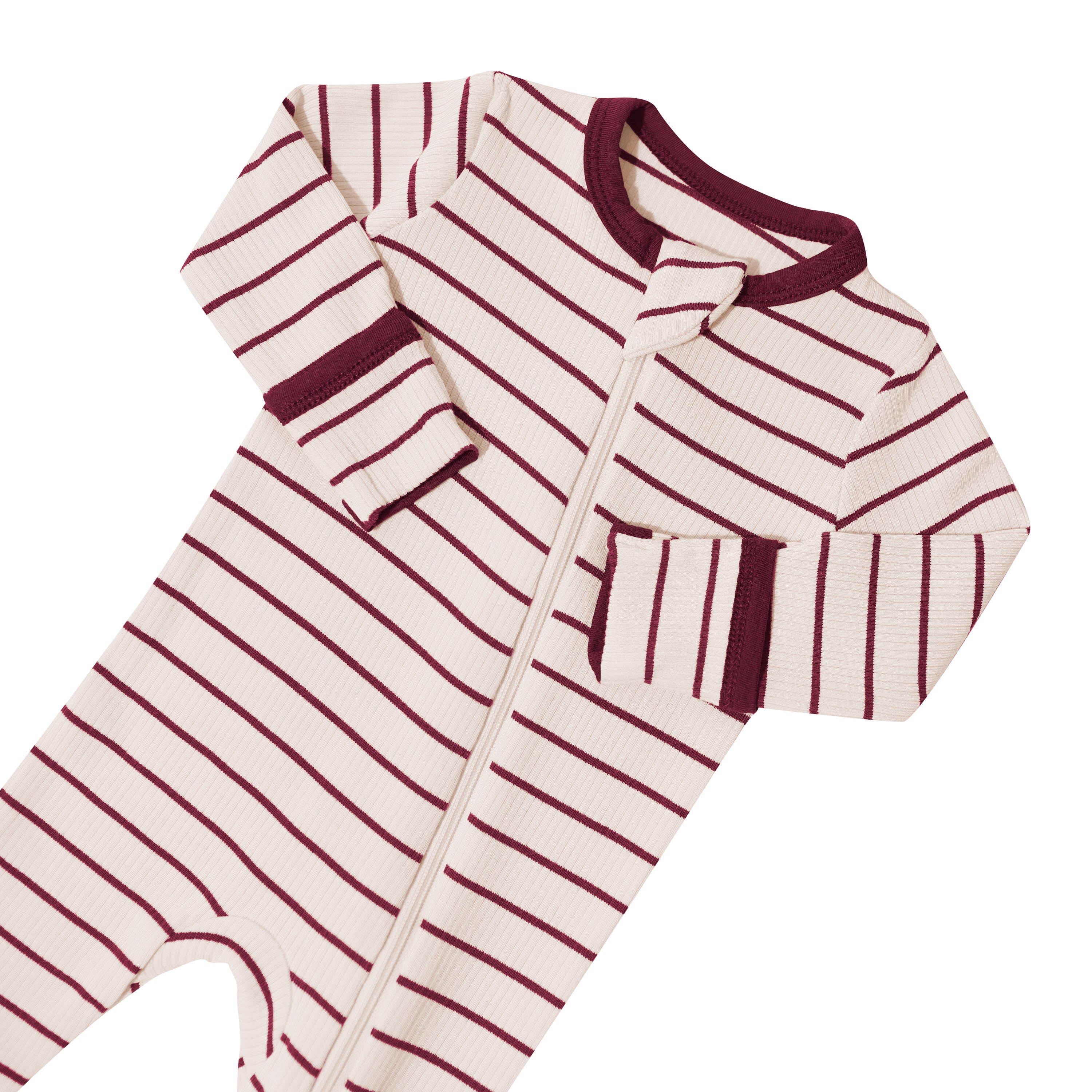 Zipper garage, zipper track and fold over hand cuffs shown on the Ribbed Zipper Footie in Burgundy Stripe