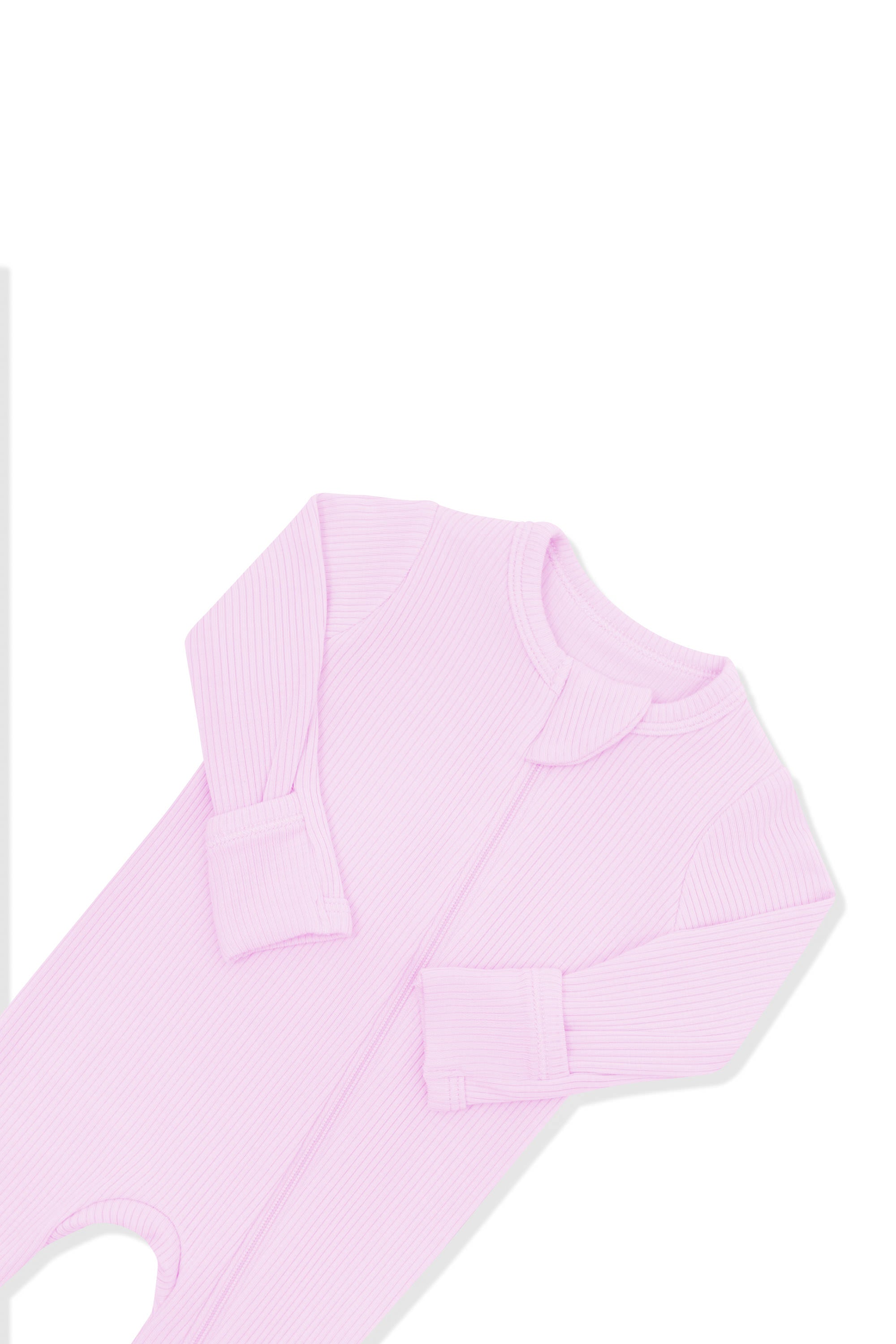 Close up of the zipper garage and fold over hand cuffs shown on the Ribbed Zipper Footie in Thistle