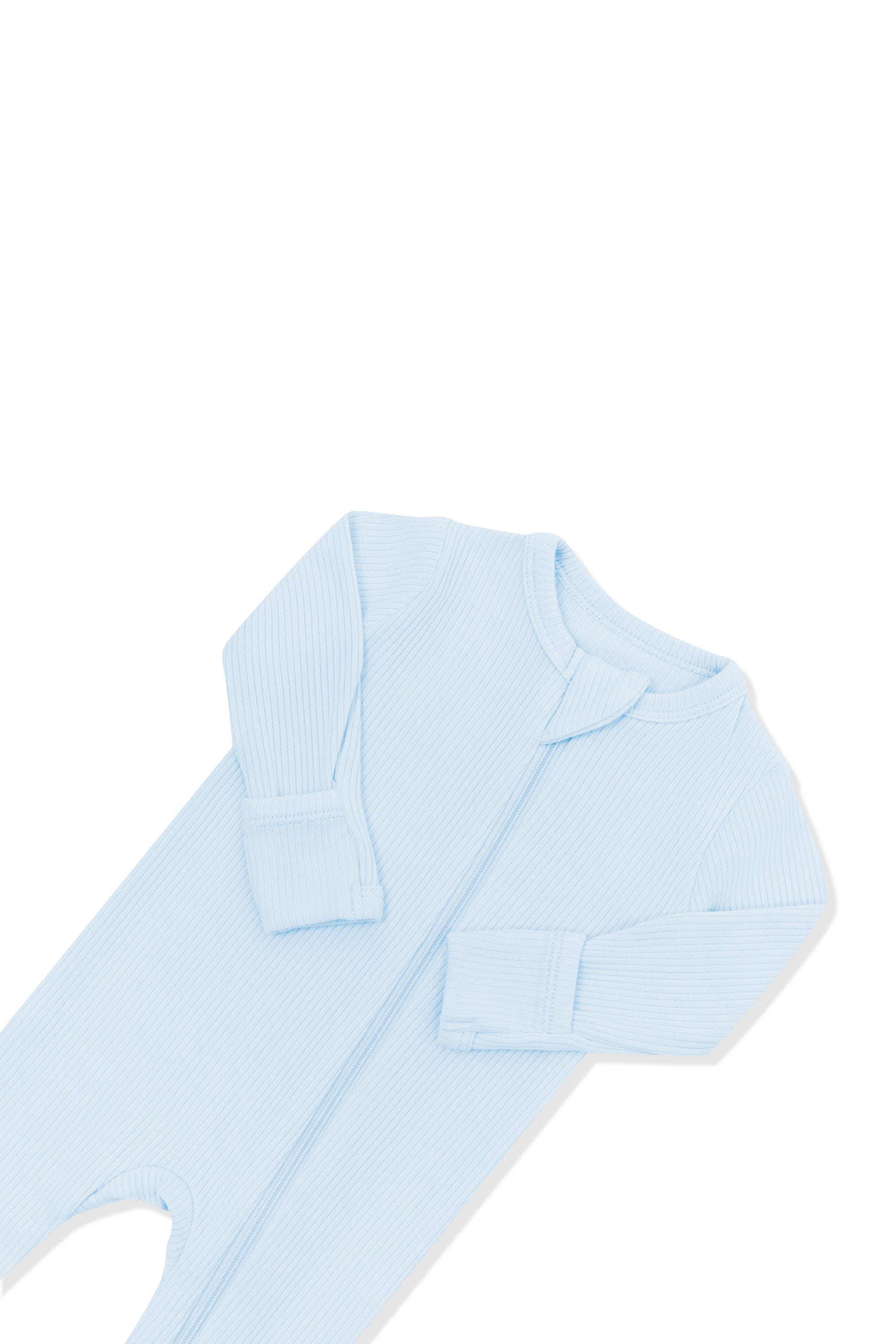Close up of the zipper garage and fold over hand cuffs on the Ribbed Zipper Footie in Breeze