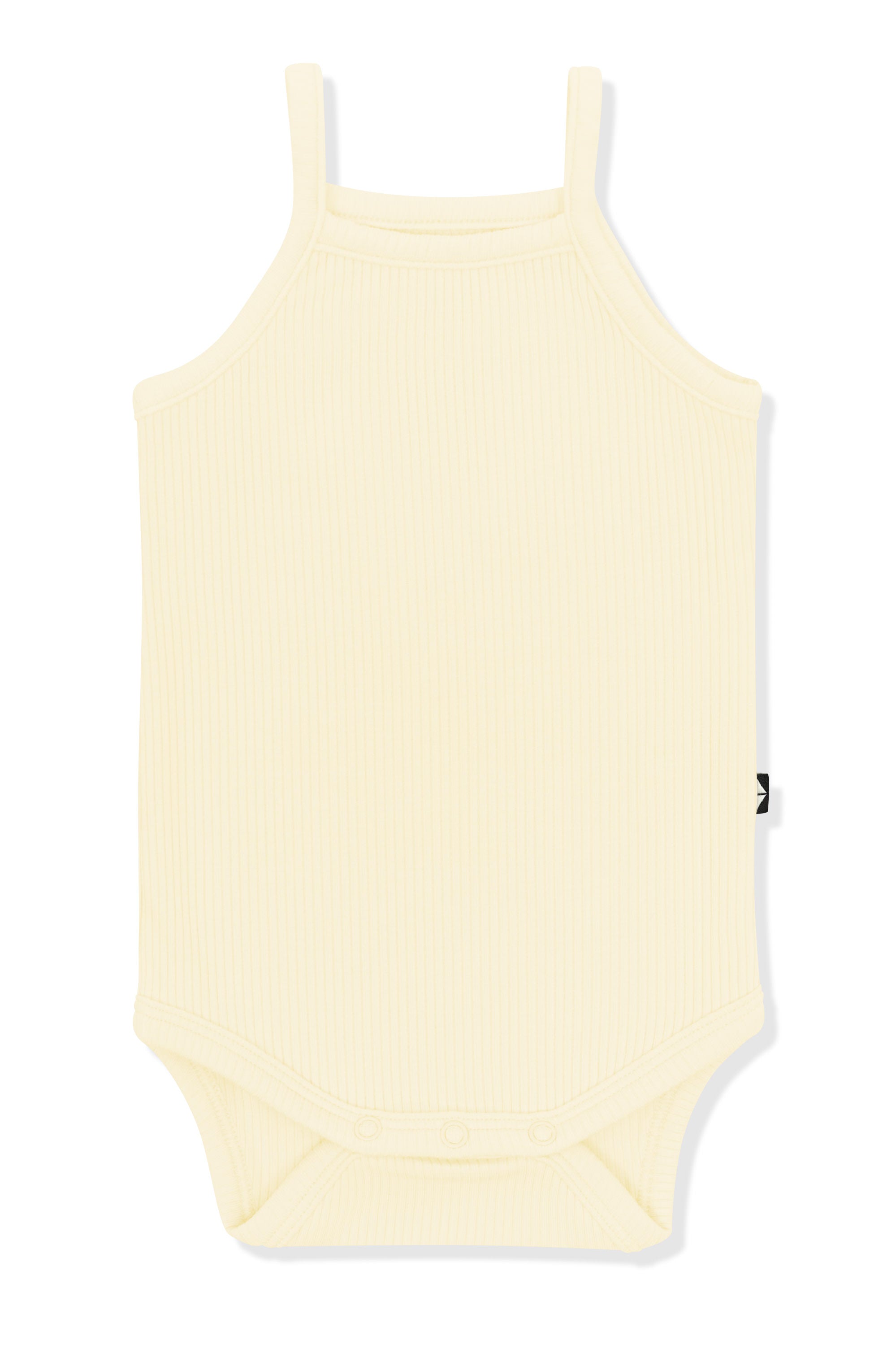 Product photo of the Ribbed Spaghetti Strap Bodysuit in Chamomile on a white surface