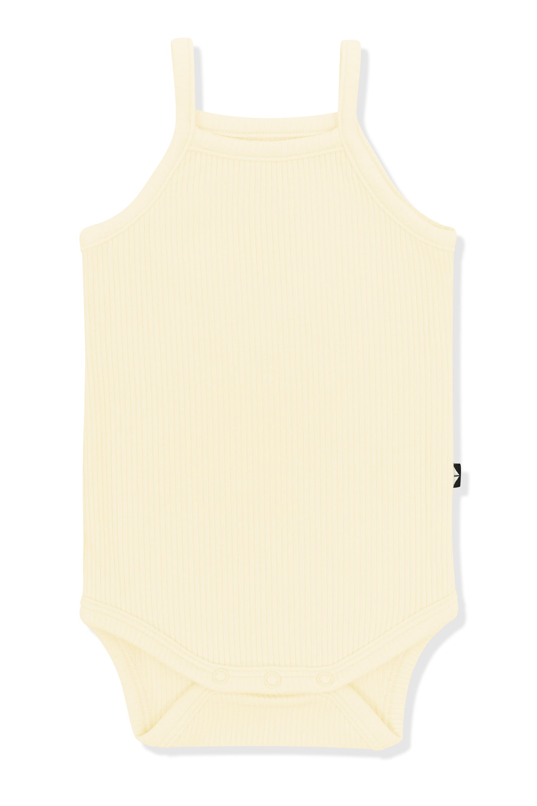 Product photo of the Ribbed Spaghetti Strap Bodysuit in Chamomile on a white surface