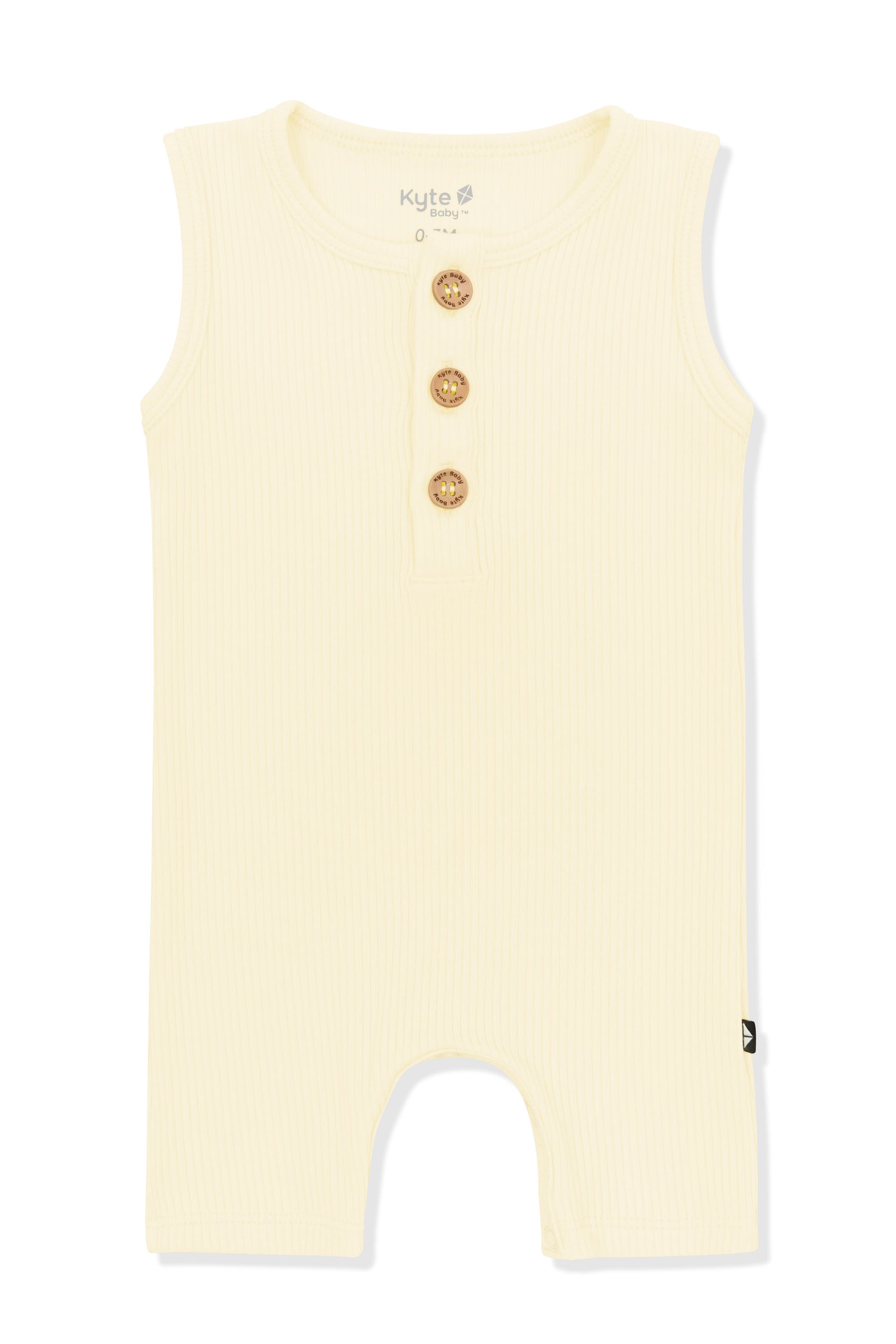 Product photo of the Ribbed Sleeveless Shortall in Chamomile on a white surface