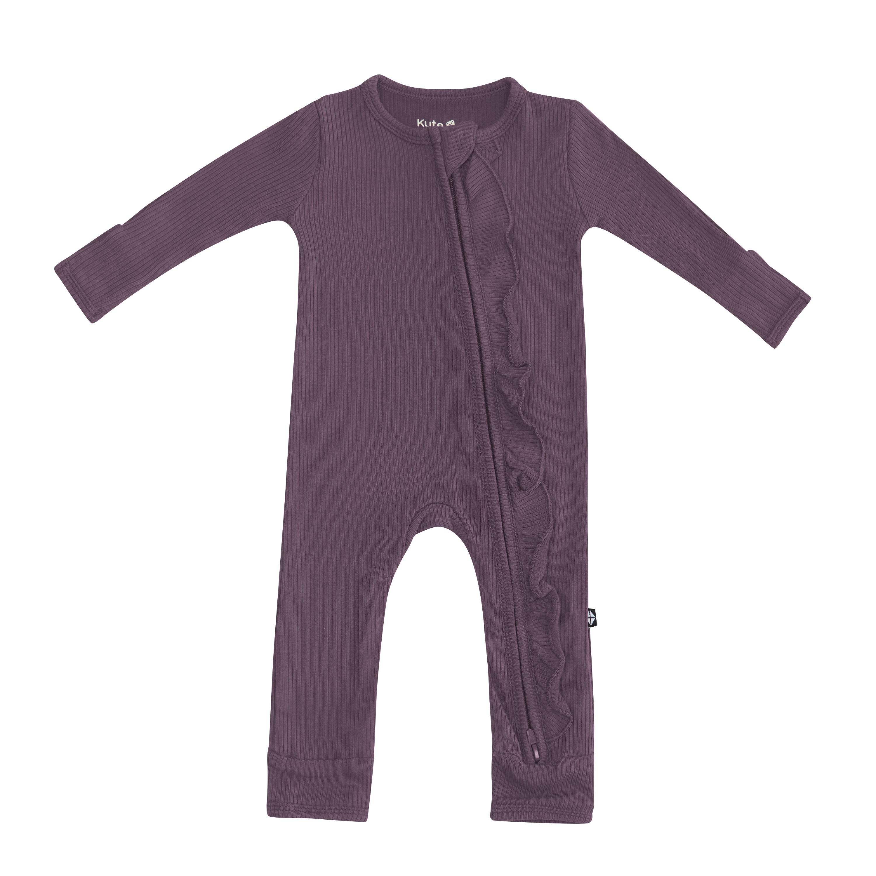 Ribbed Ruffle Zipper Romper in Currant