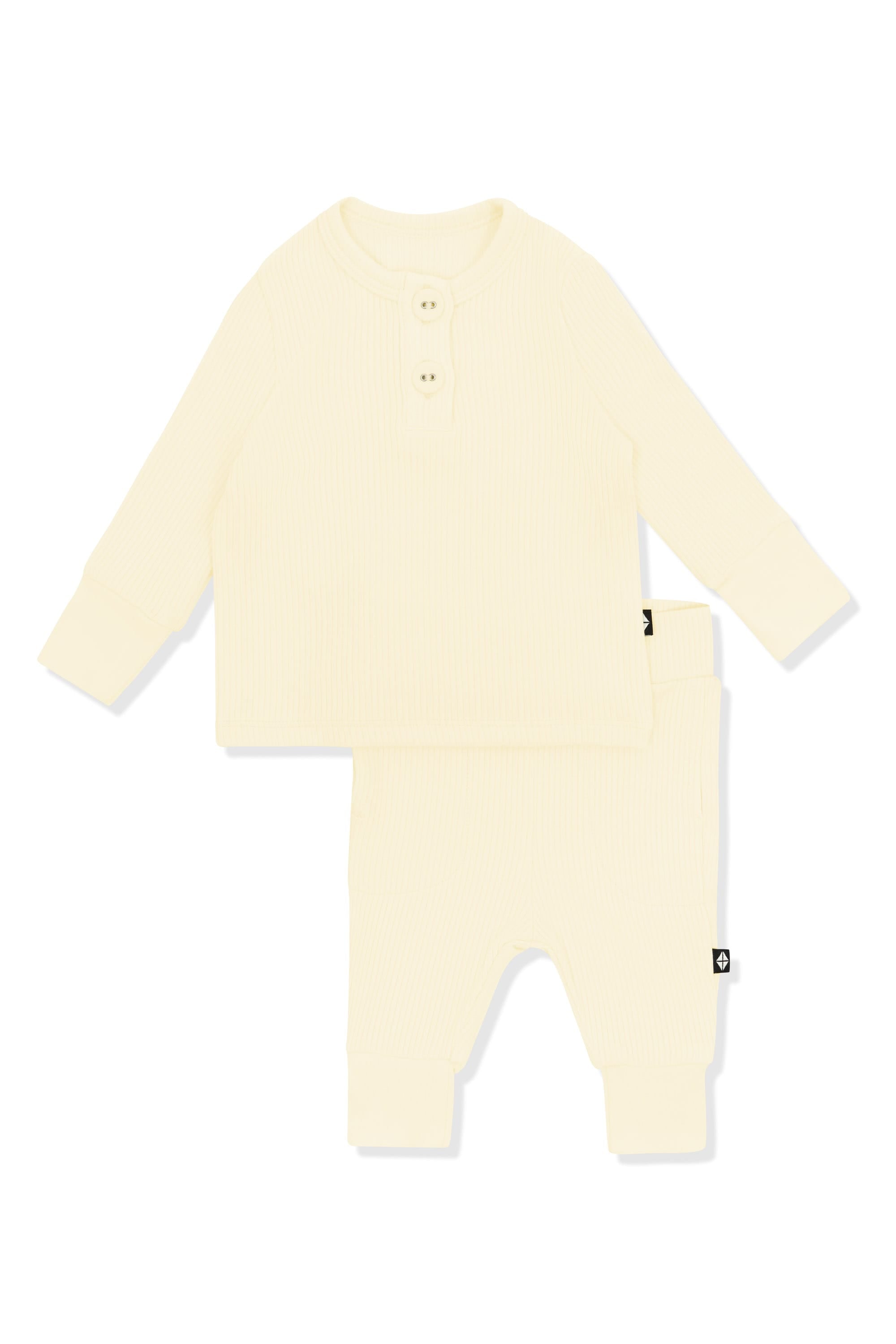Product photo of the Ribbed Infant Henley Set in Chamomile on a white background