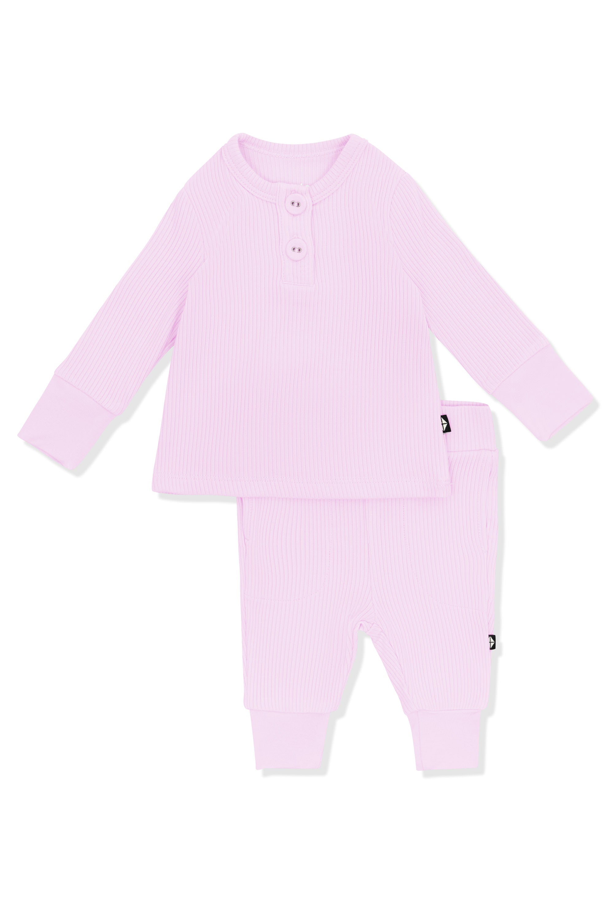 Product photo of the Ribbed Infant Henley Set in Thistle on a white surface