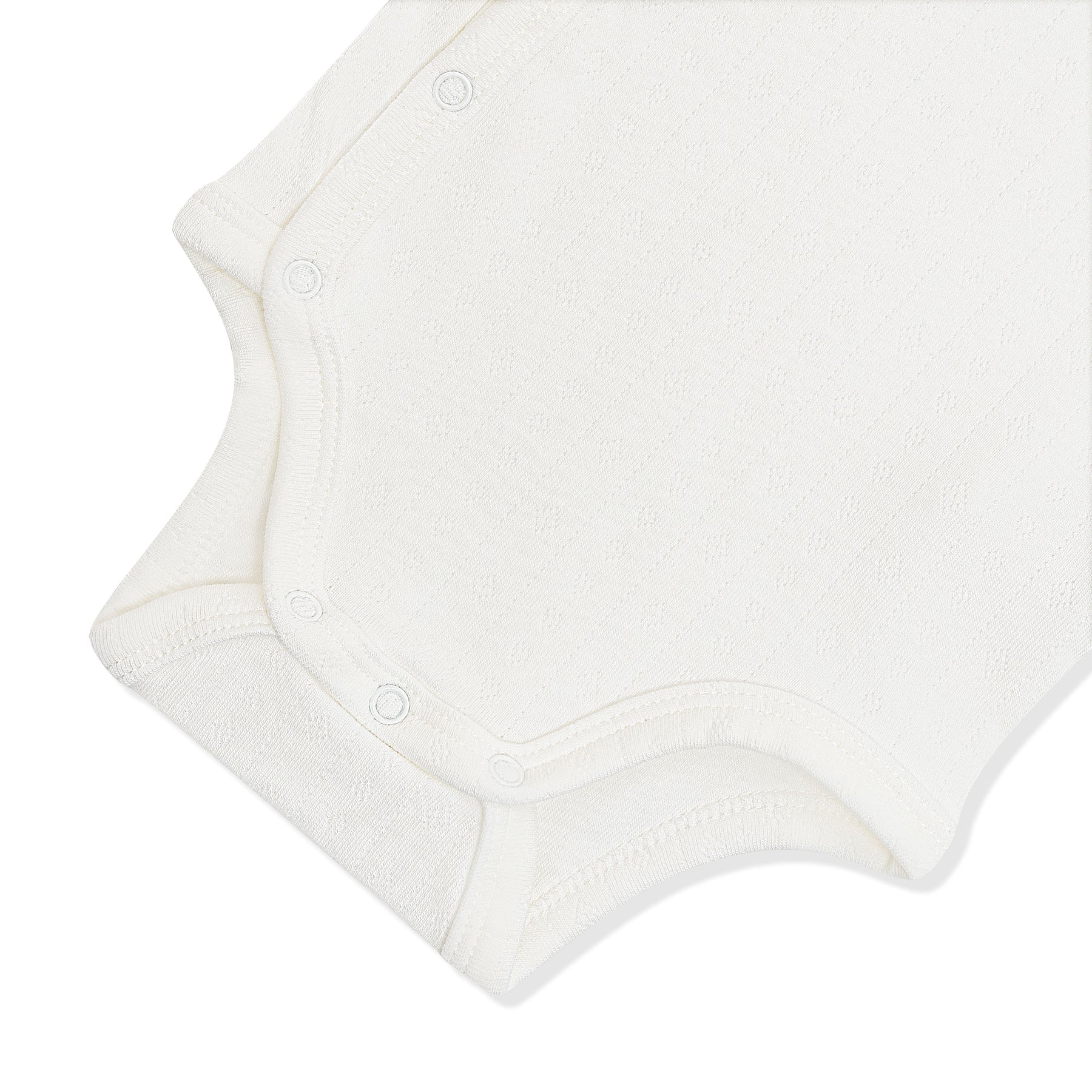 Close up of the snap closures on the inseam of the Pointelle Kimono Bodysuit in Cloud