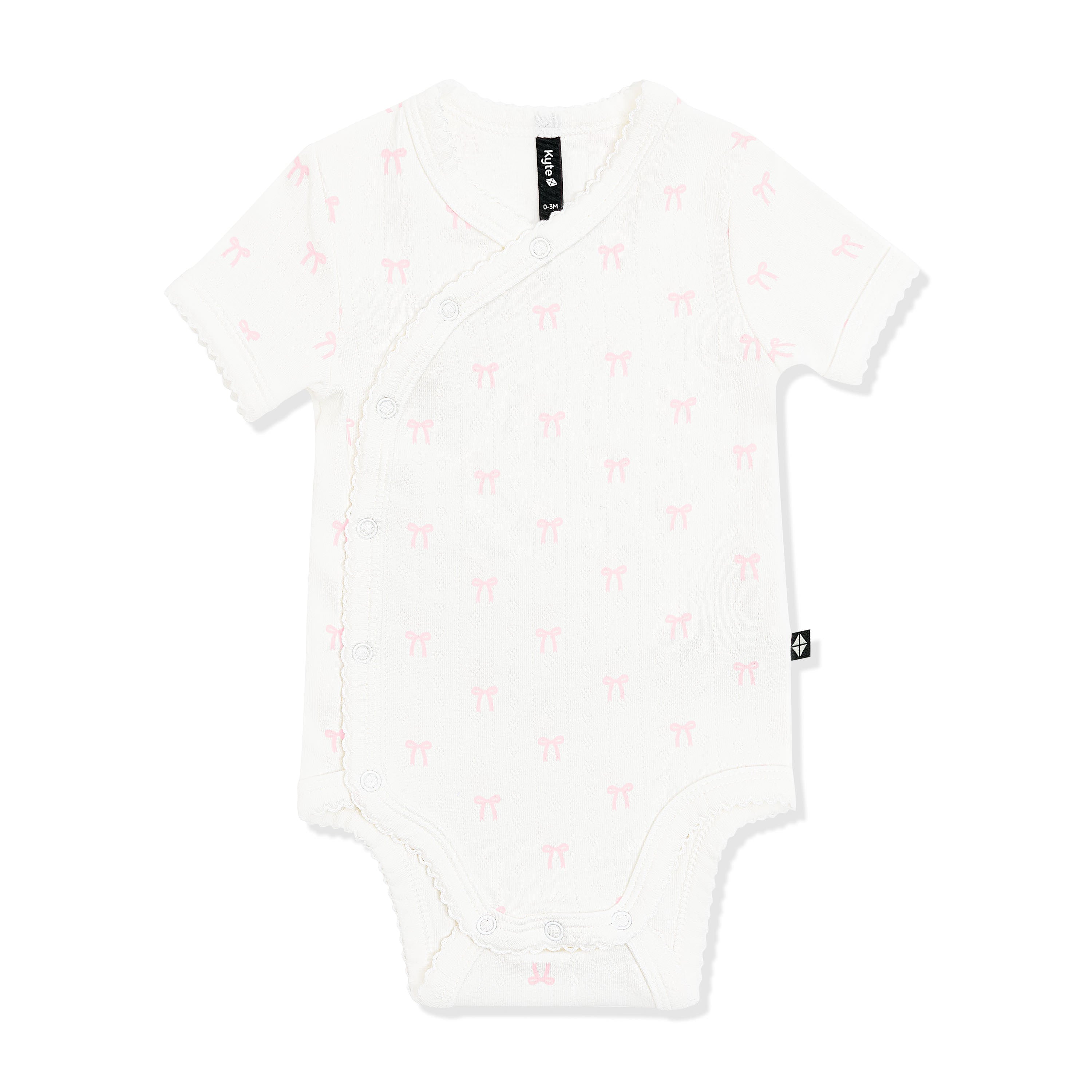 Pointelle Kimono Bodysuit in Sweet Pink Bow with picot trim shown on a white surface