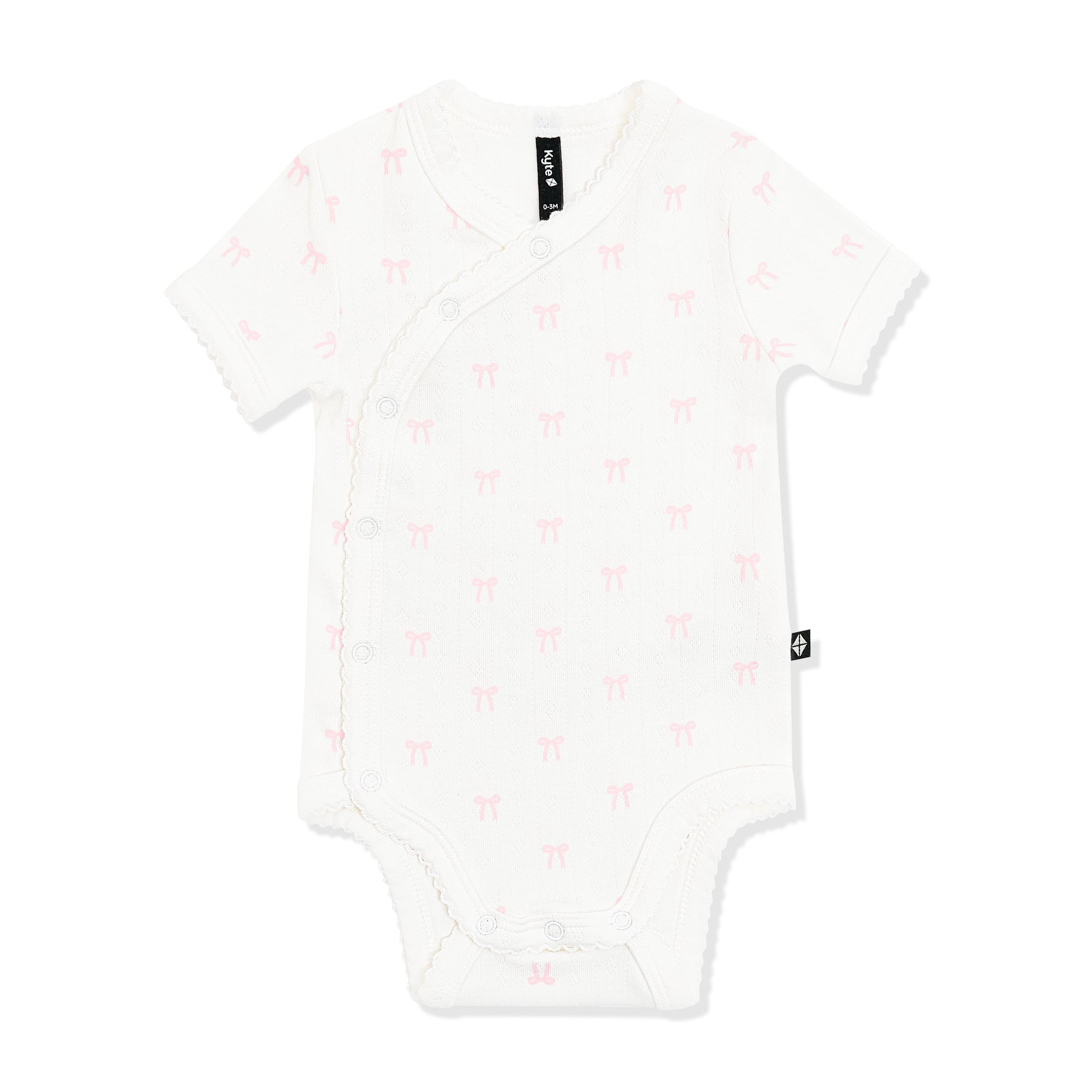 Pointelle Kimono Bodysuit in Sweet Pink Bow with picot trim shown on a white surface