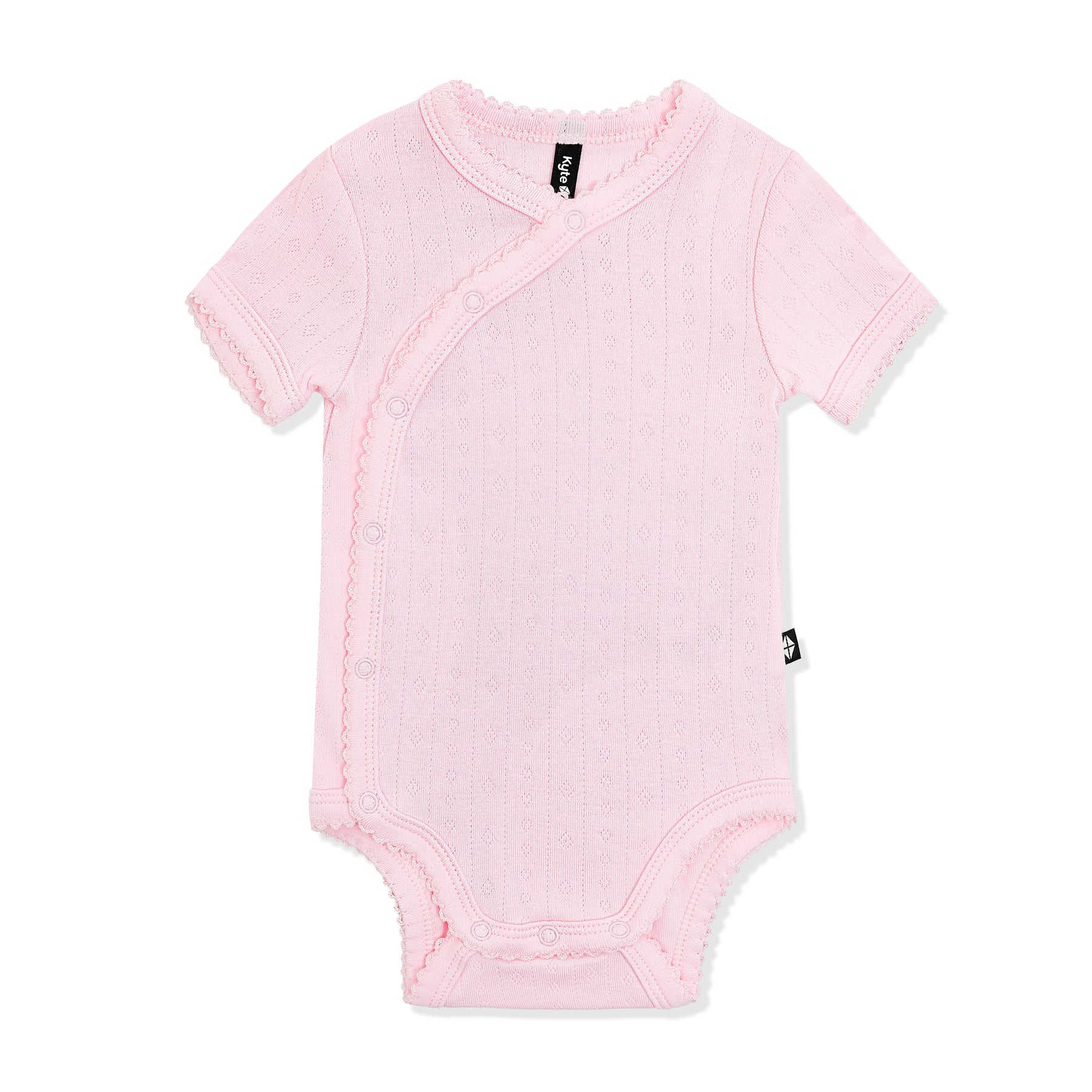 Pointelle Kimono Bodysuit in Sakura with the picot trim shown on a white surface