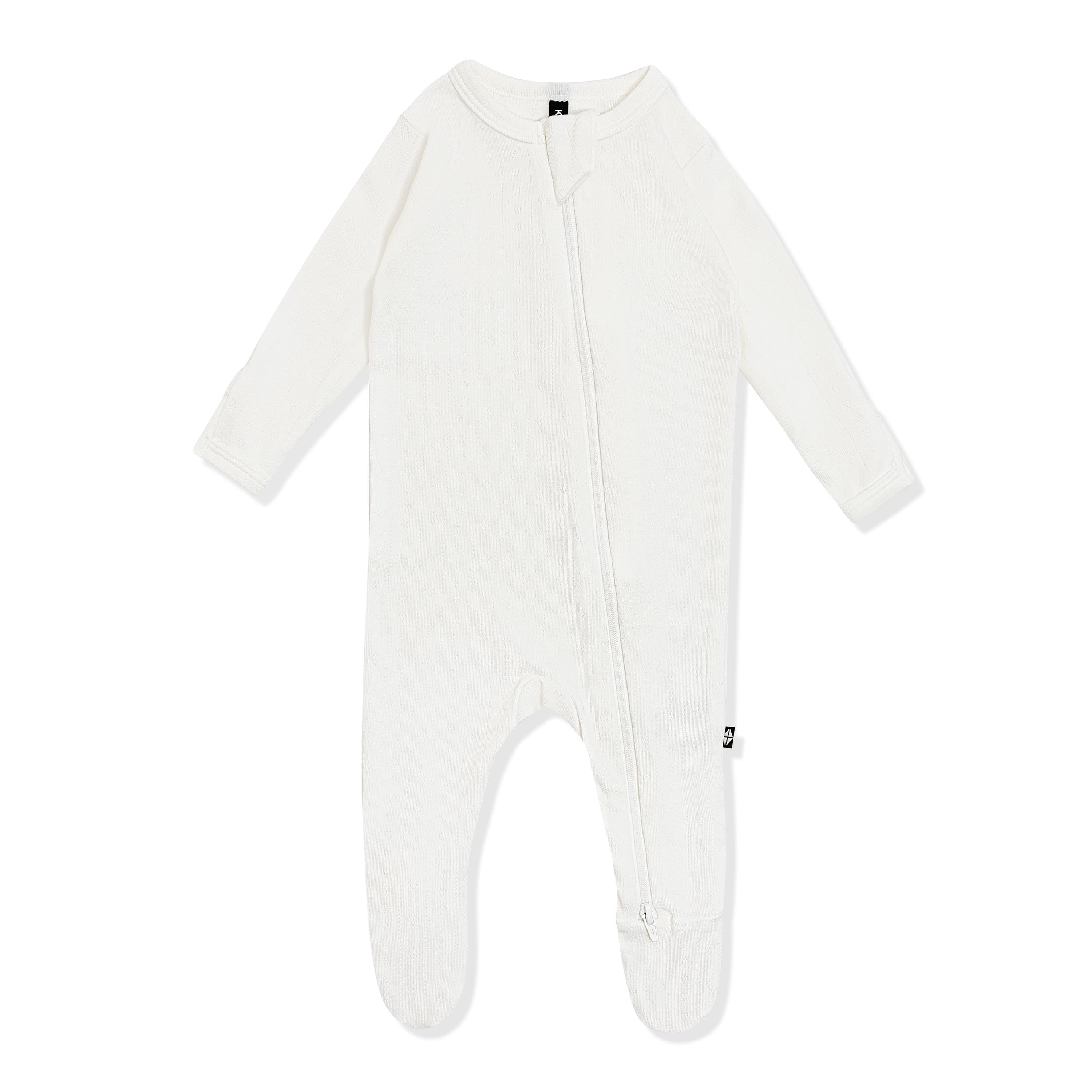Pointelle Zippered Footie in Cloud on a white surface