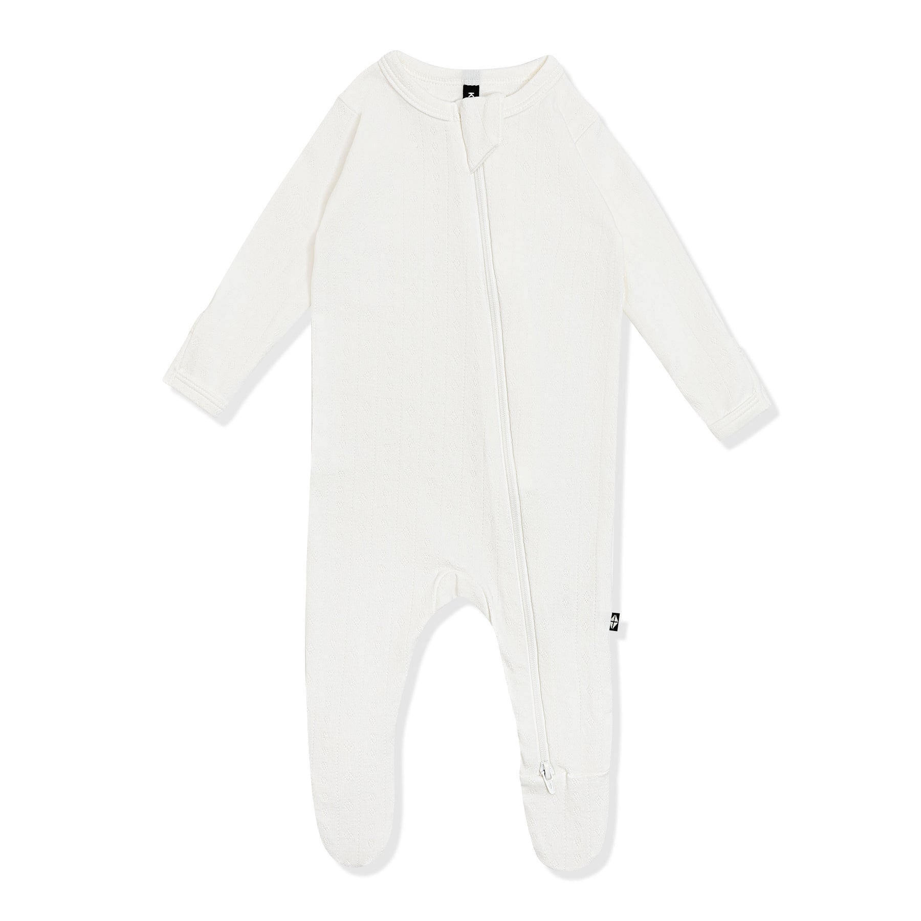 Pointelle Zippered Footie in Cloud on a white surface