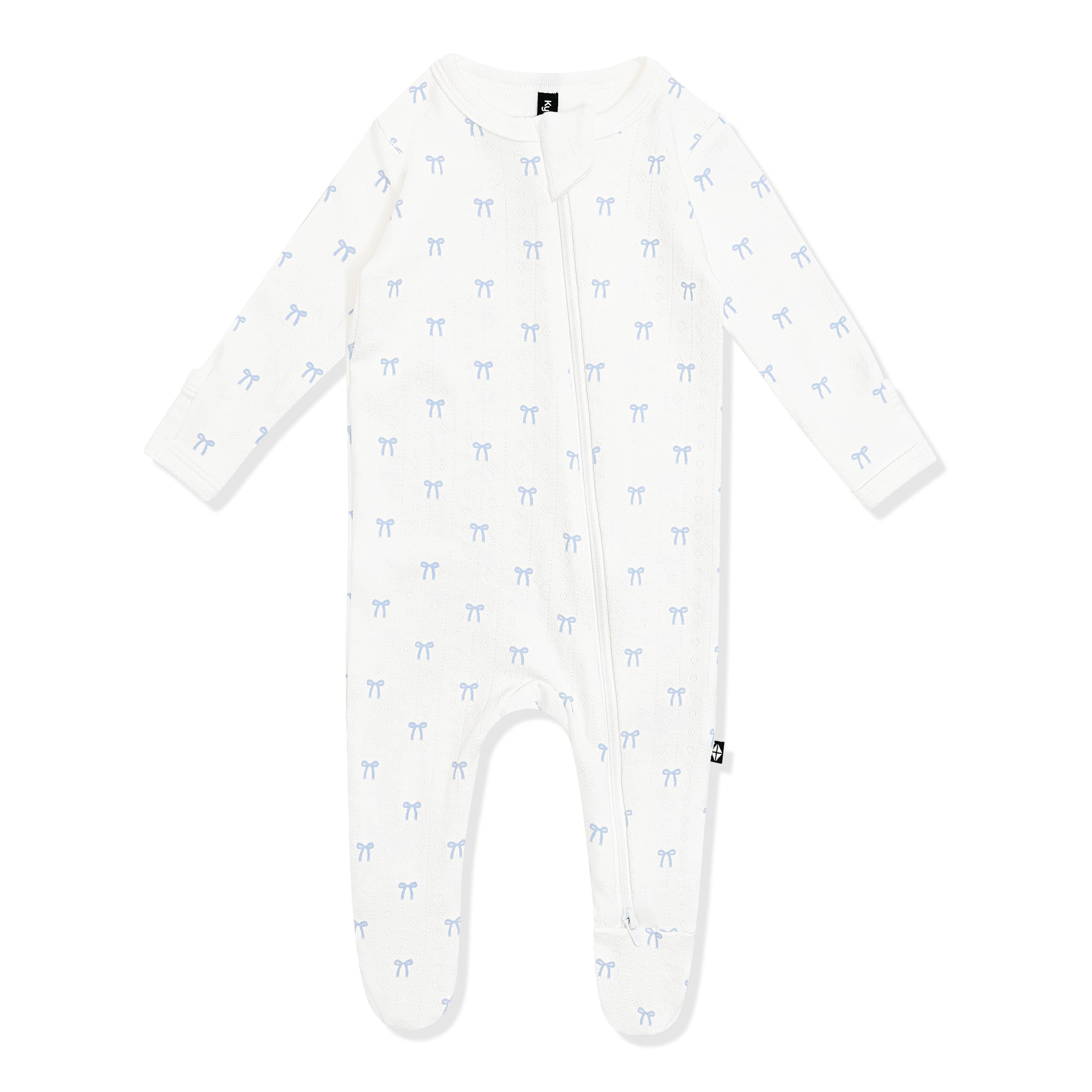 Pointelle Zippered Footie in Sweet Blue Bow shown on a white surface