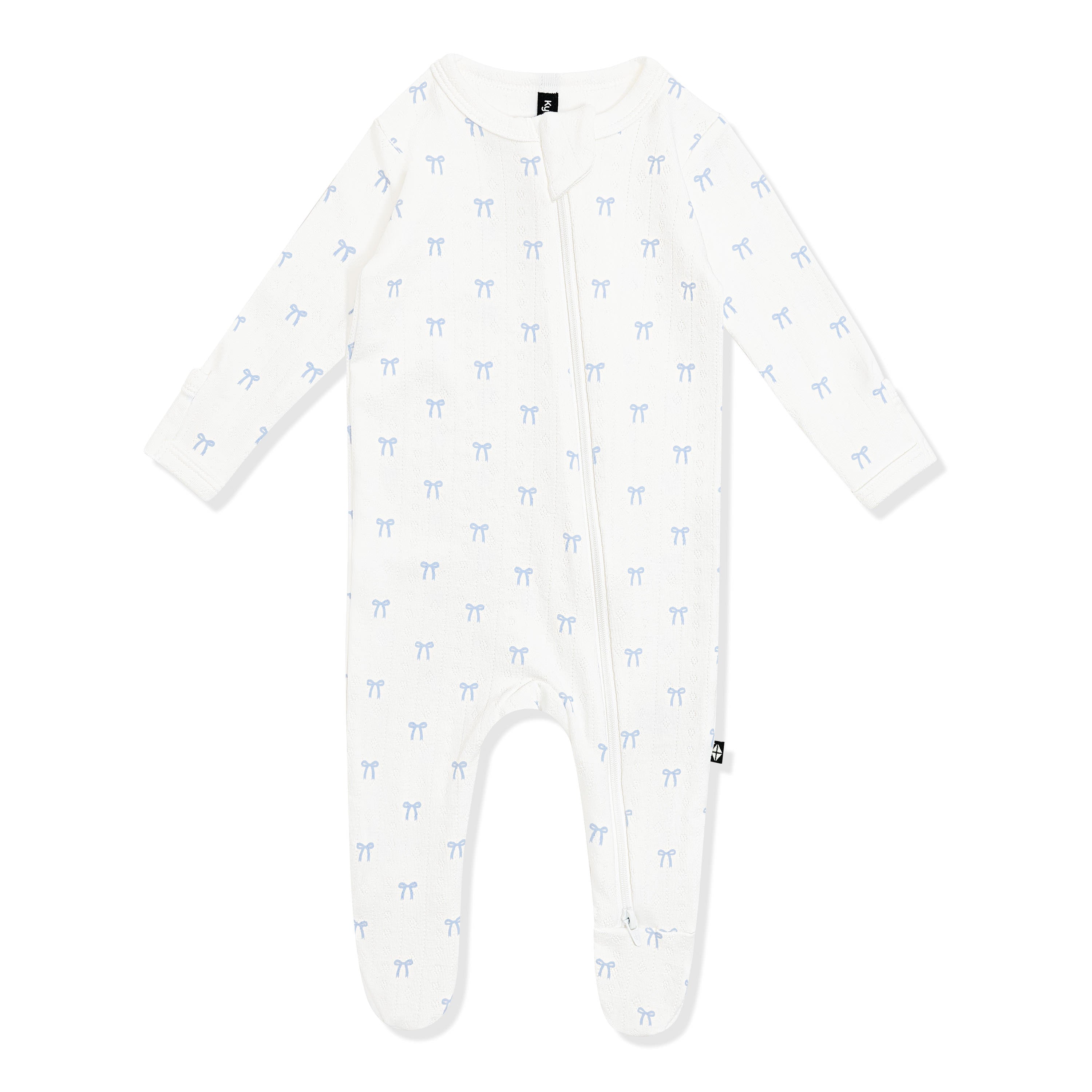 Pointelle Zippered Footie in Sweet Blue Bow shown on a white surface