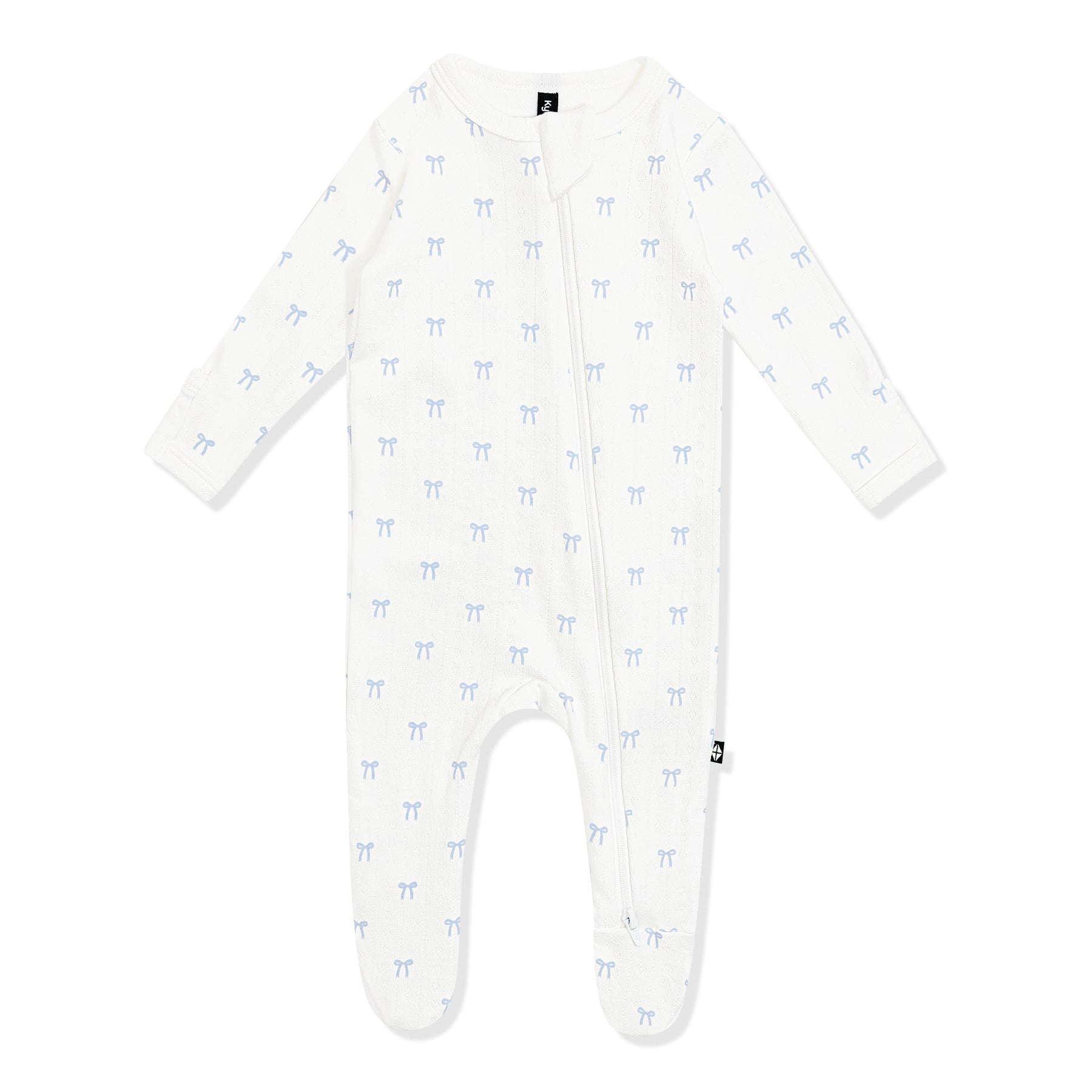 Pointelle Zippered Footie in Sweet Blue Bow shown on a white surface