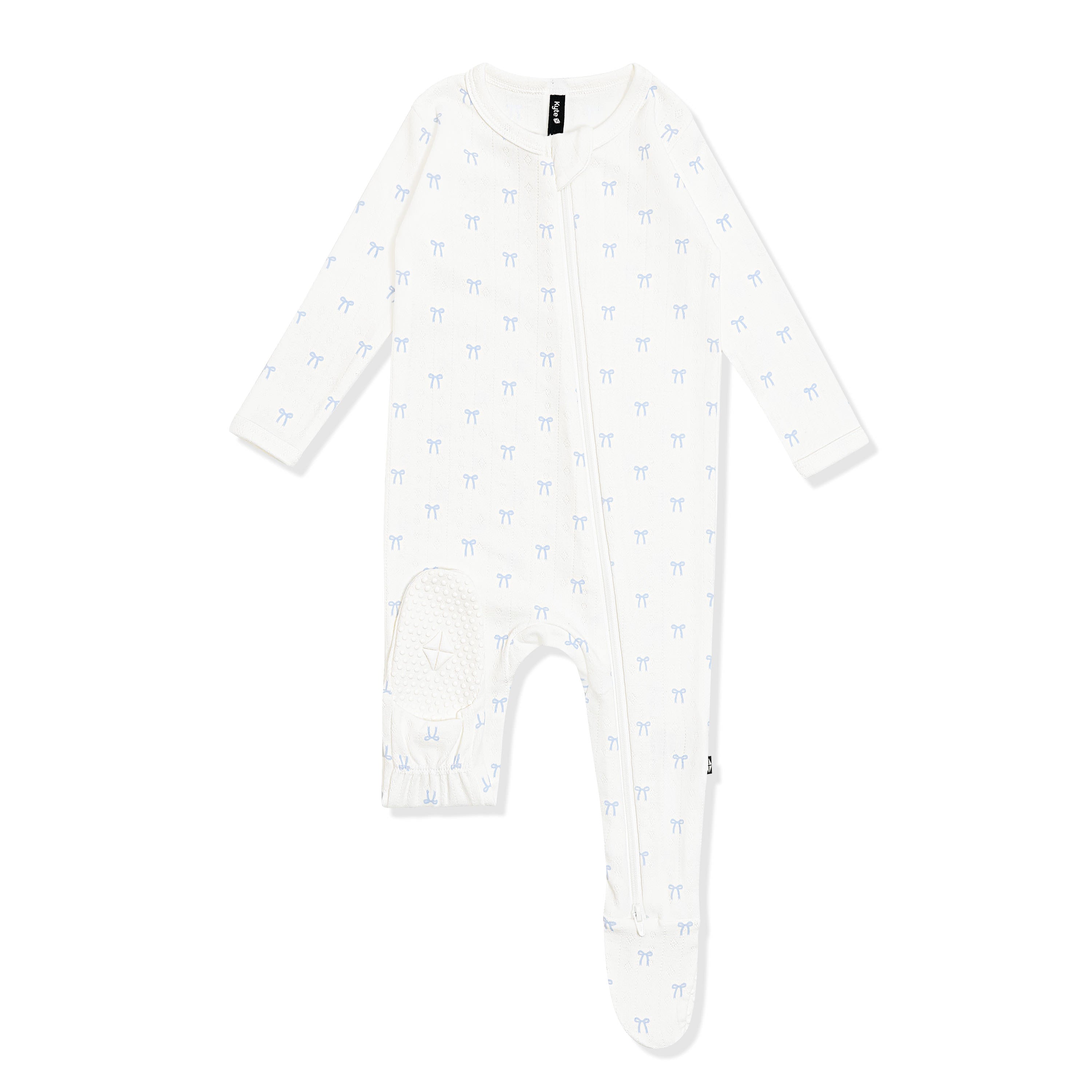 Foot pad showing the Kyte baby Logo on the Pointelle Zippered Footie in Sweet Blue Bow