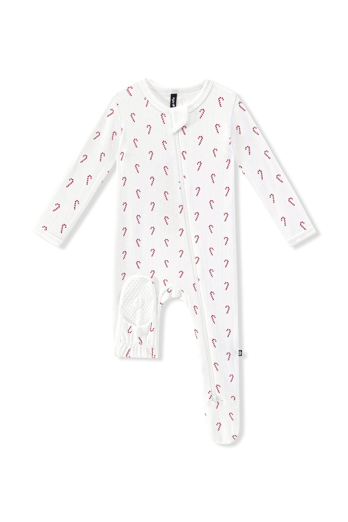 Pointelle Zippered Footie in Candy Cane with dotted footie on a white background
