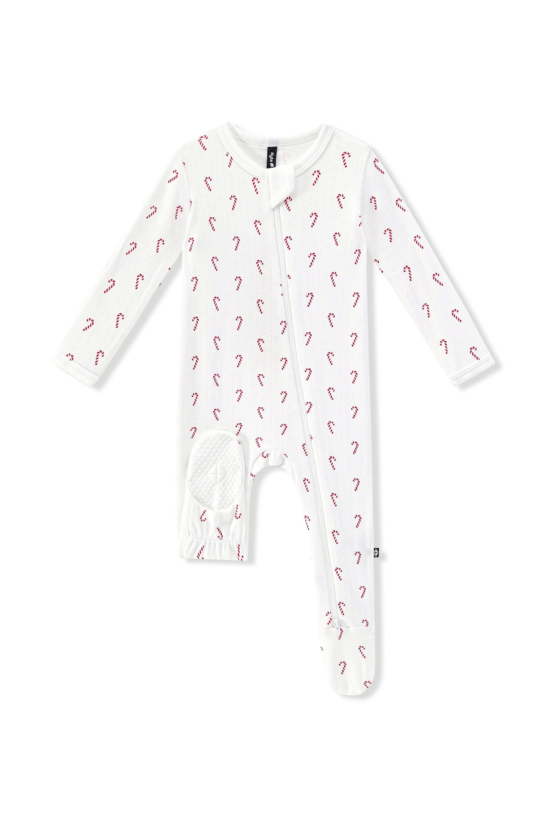 Pointelle Zippered Footie in Candy Cane with dotted footie on a white background