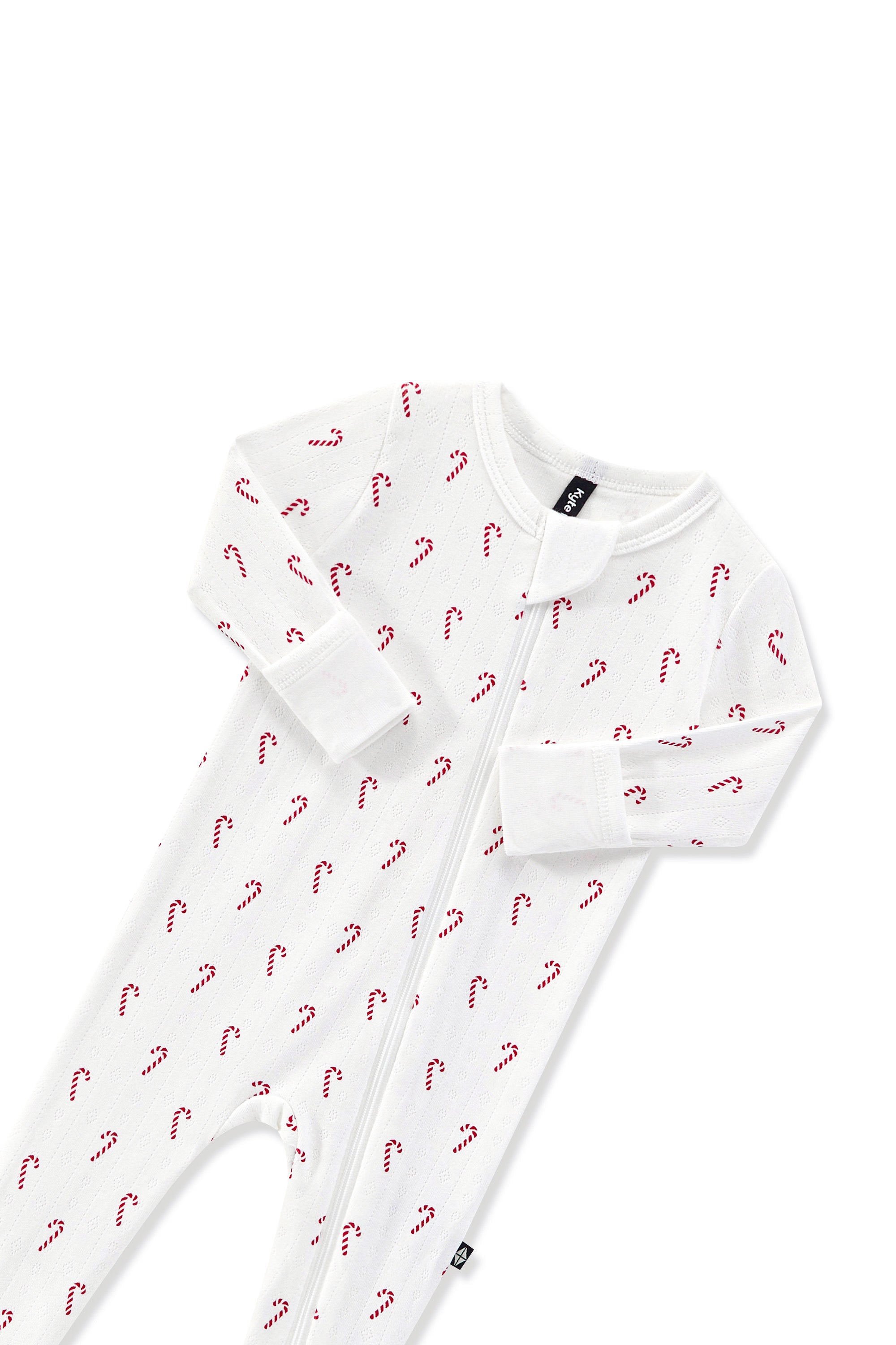 Pointelle Zippered Footie in Candy Cane with zipper garage on a white background