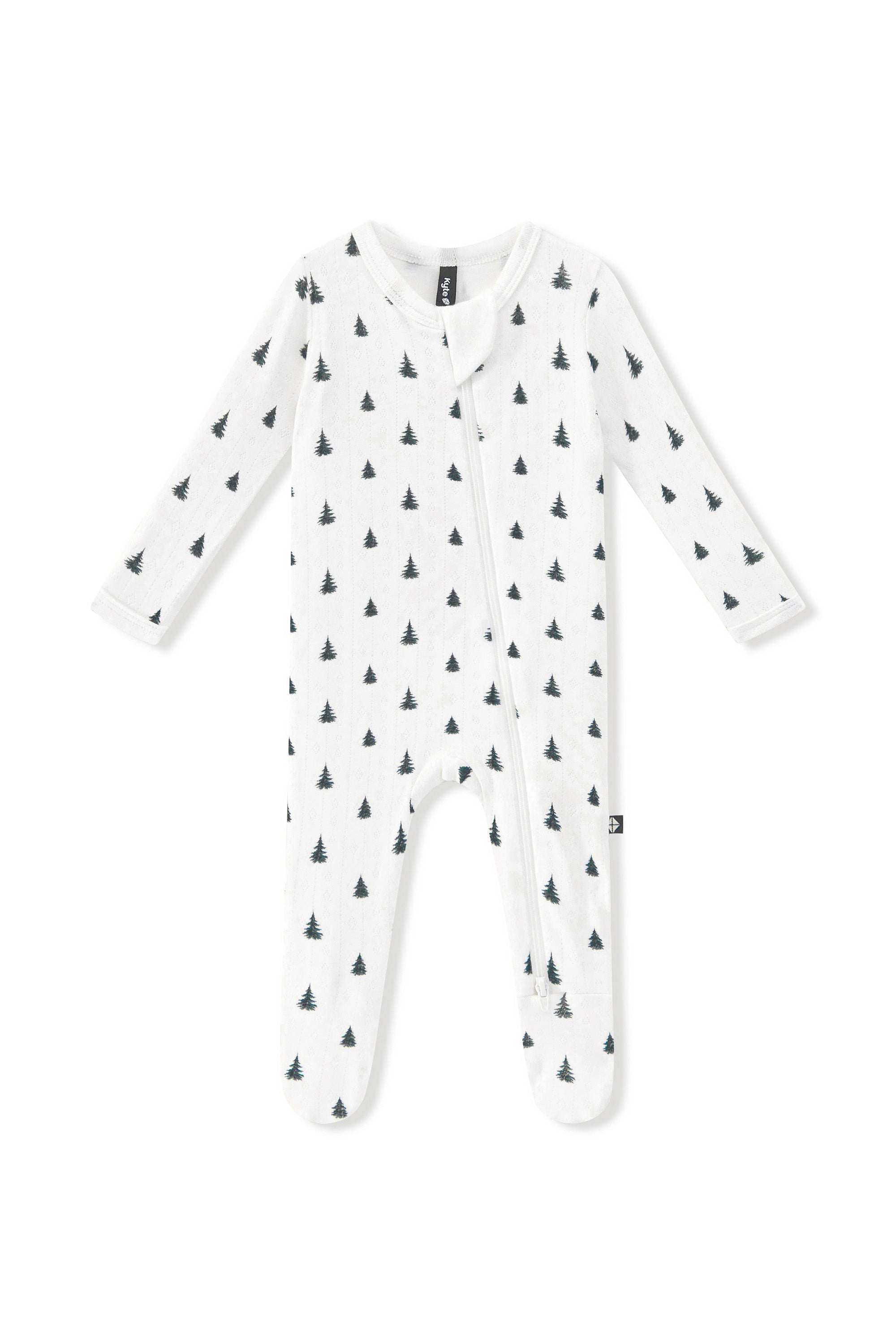 Pointelle Zippered Footie in Christmas Trees on a white background