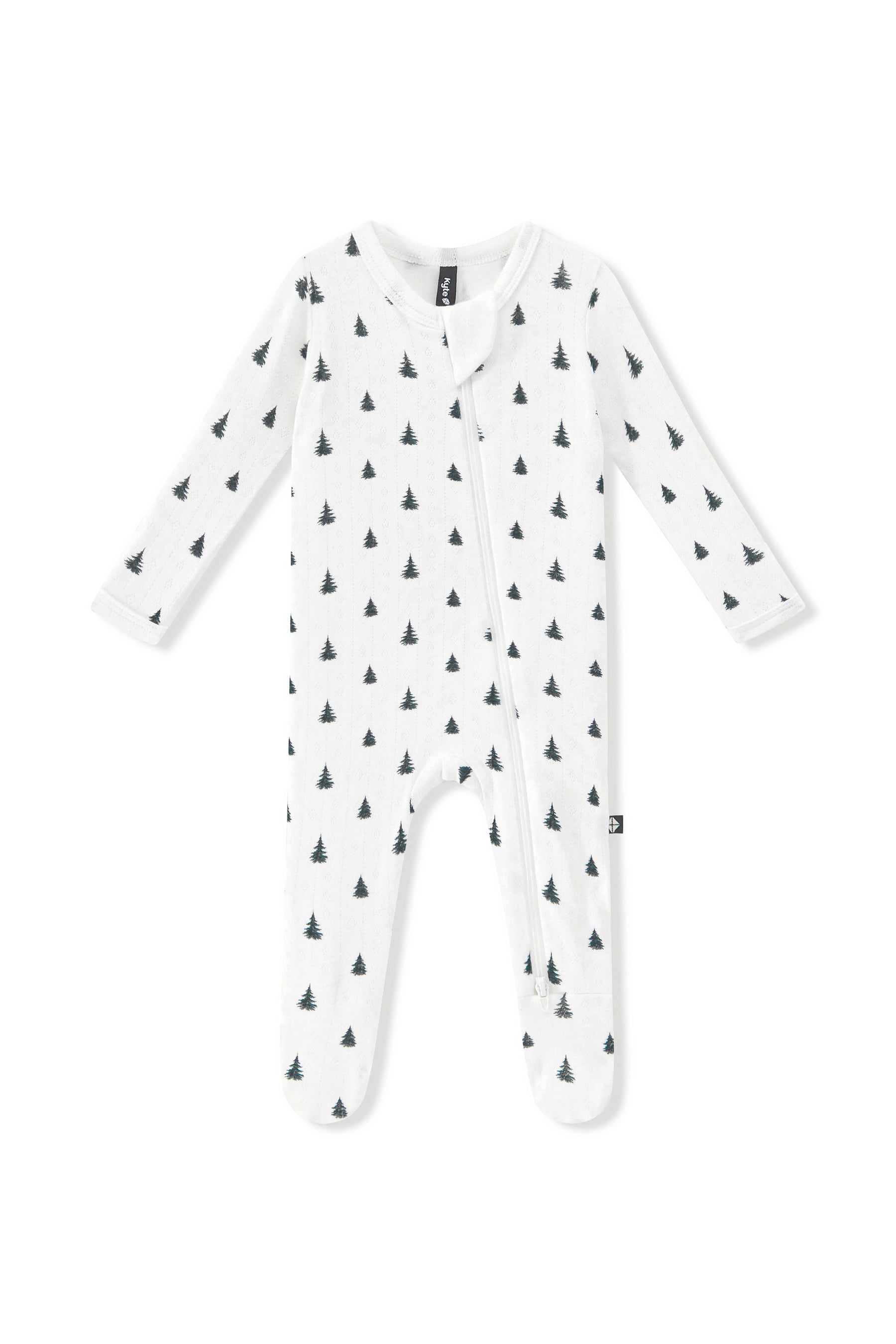Pointelle Zippered Footie in Christmas Trees on a white background