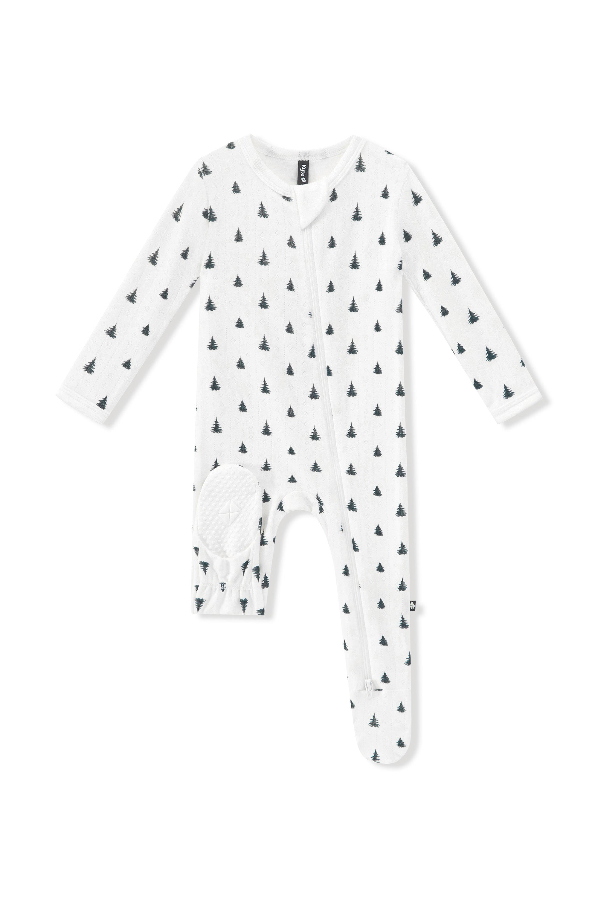 Pointelle Zippered Footie in Christmas Trees with dotted footie on a white background