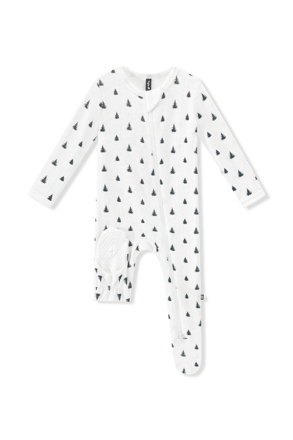 Pointelle Zippered Footie in Christmas Trees with dotted footie on a white background