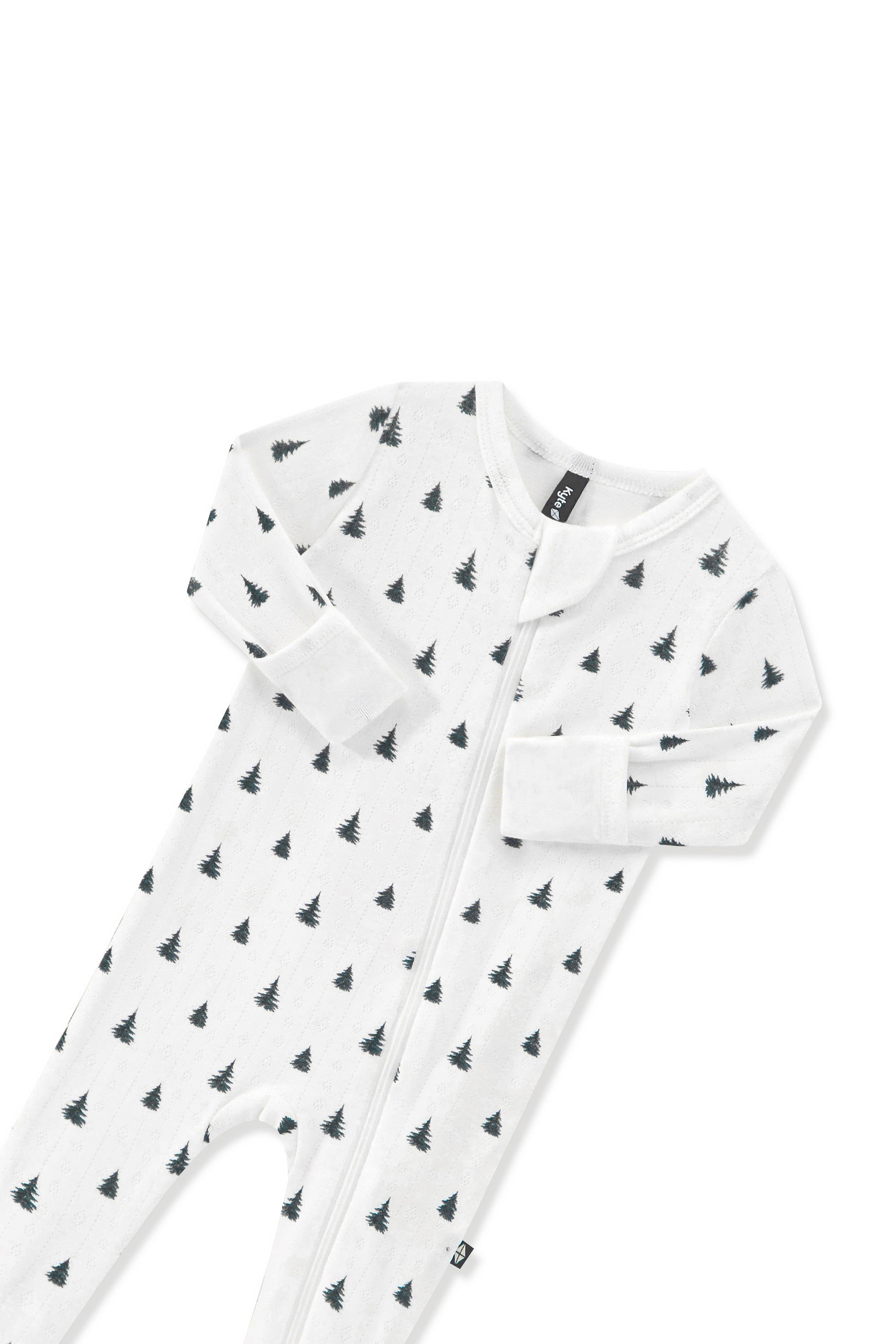 Pointelle Zippered Footie in Christmas Trees with zipper garage on a white background