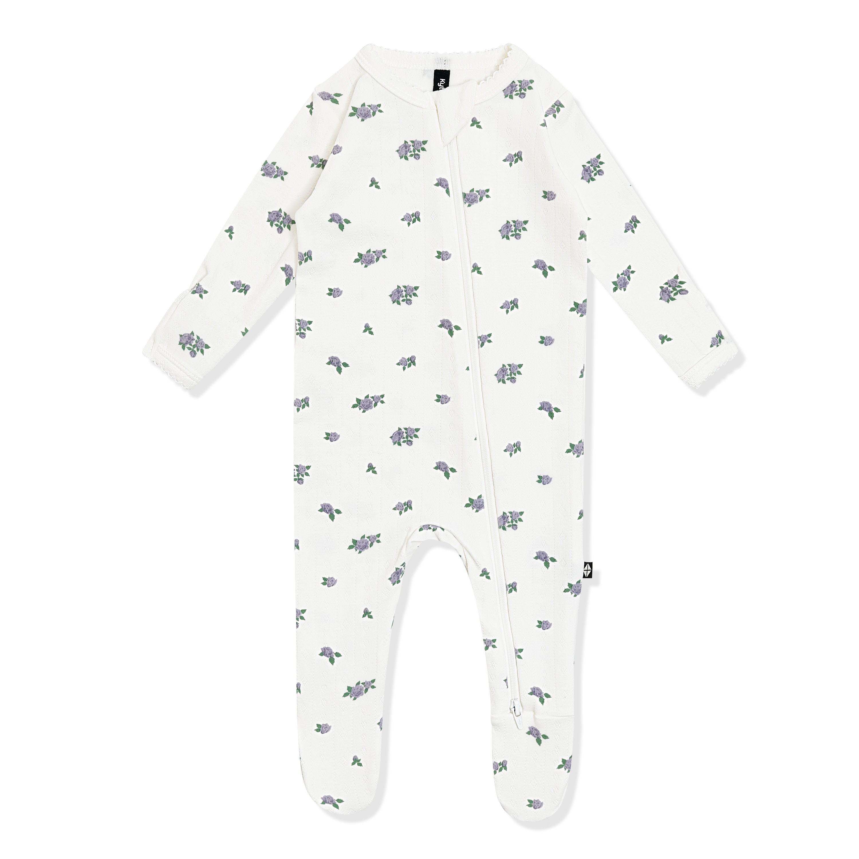 Pointelle Zippered Footie in Spray Rose with the picot trim on a white surface