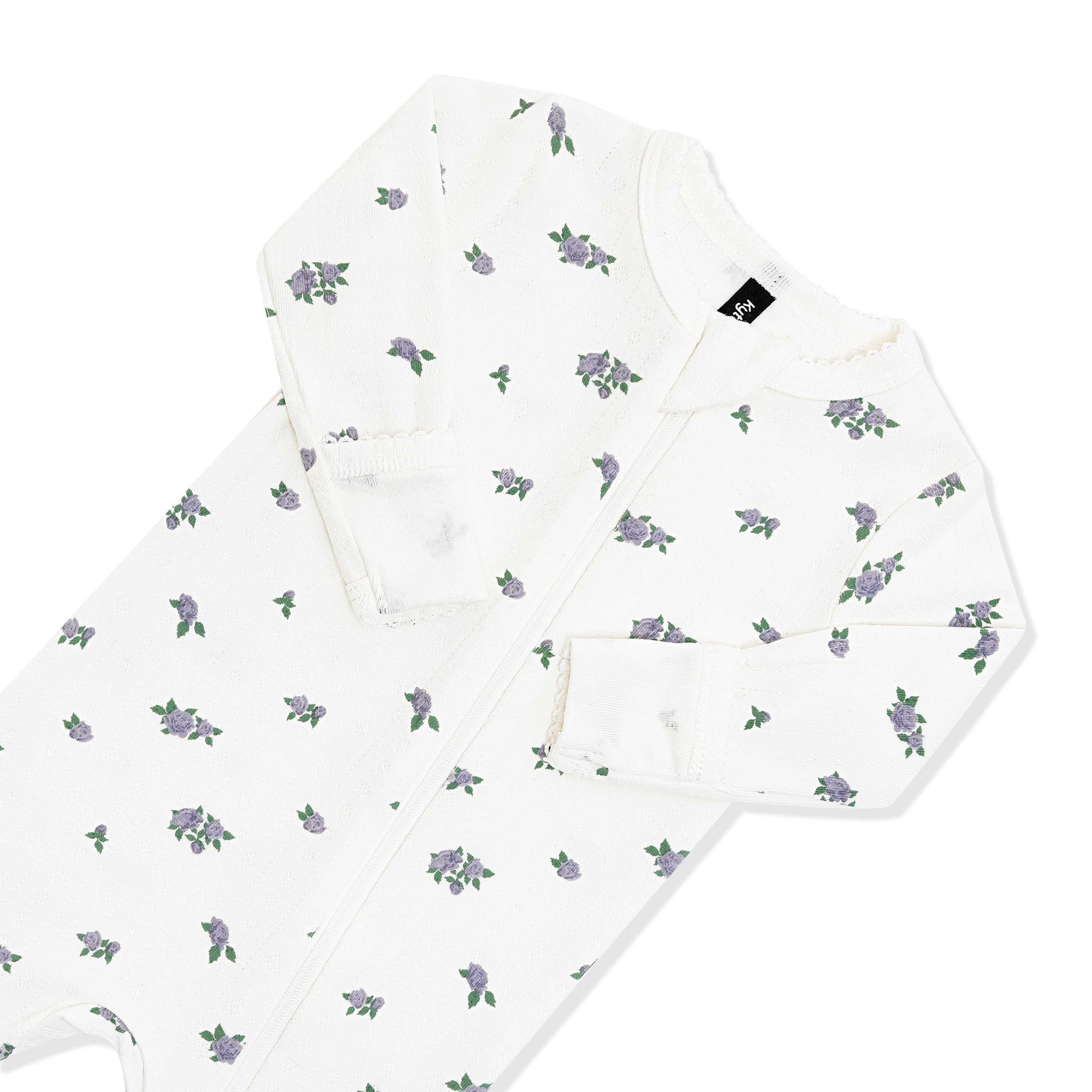 Close up of the picot trim, zipper garage and fold over hand cuffs on the Pointelle Zippered Footie in Spray Rose