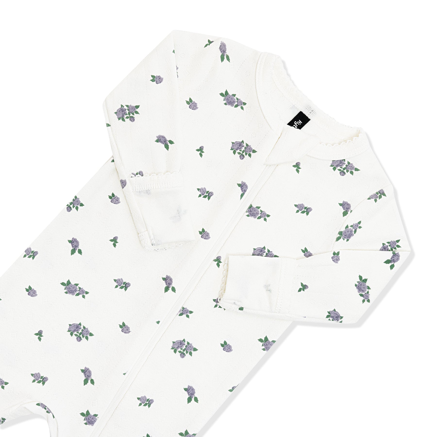 Close up of the picot trim, zipper garage and fold over hand cuffs on the Pointelle Zippered Footie in Spray Rose