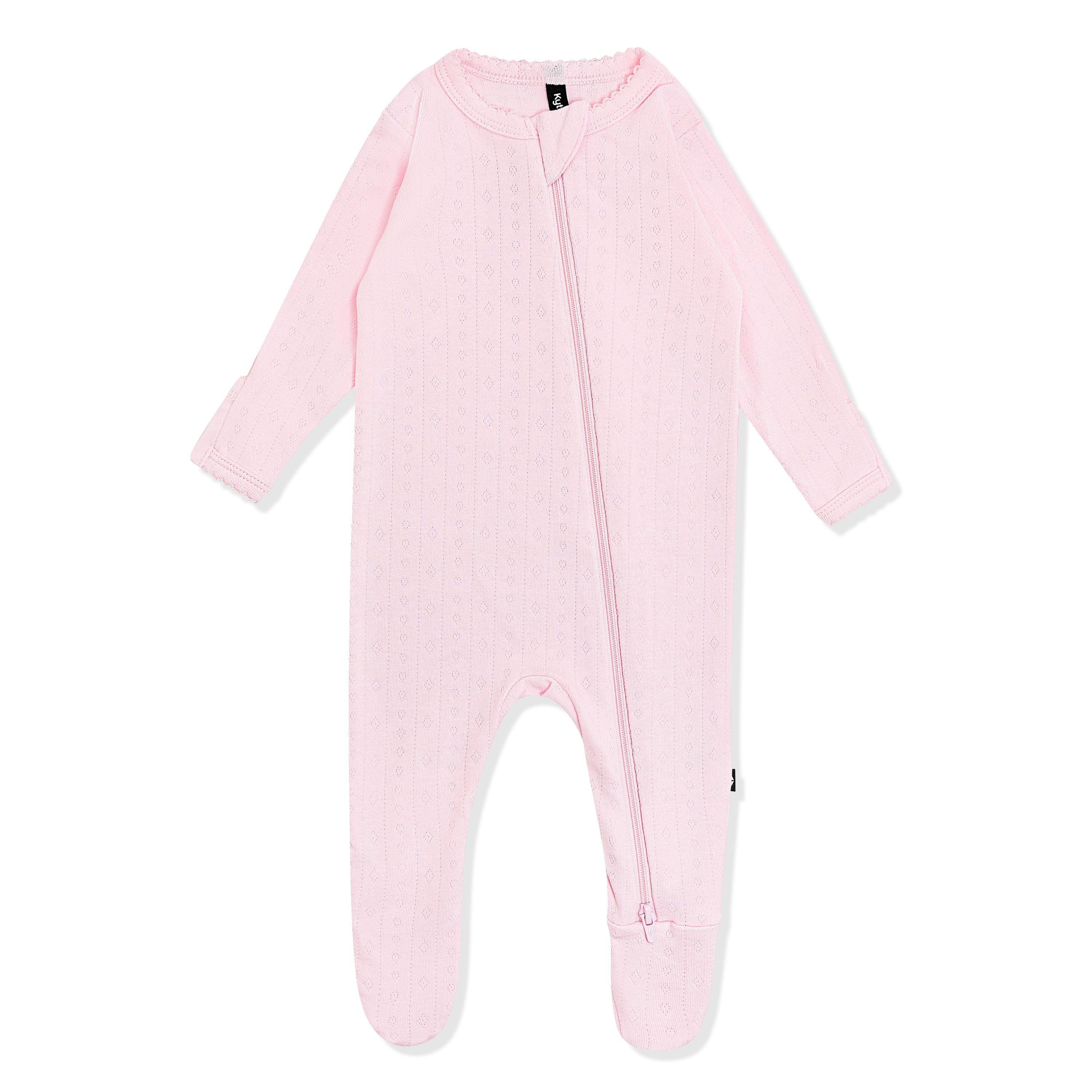 Pointelle Zippered Footie in Sakura showing the picot trim on a white surface
