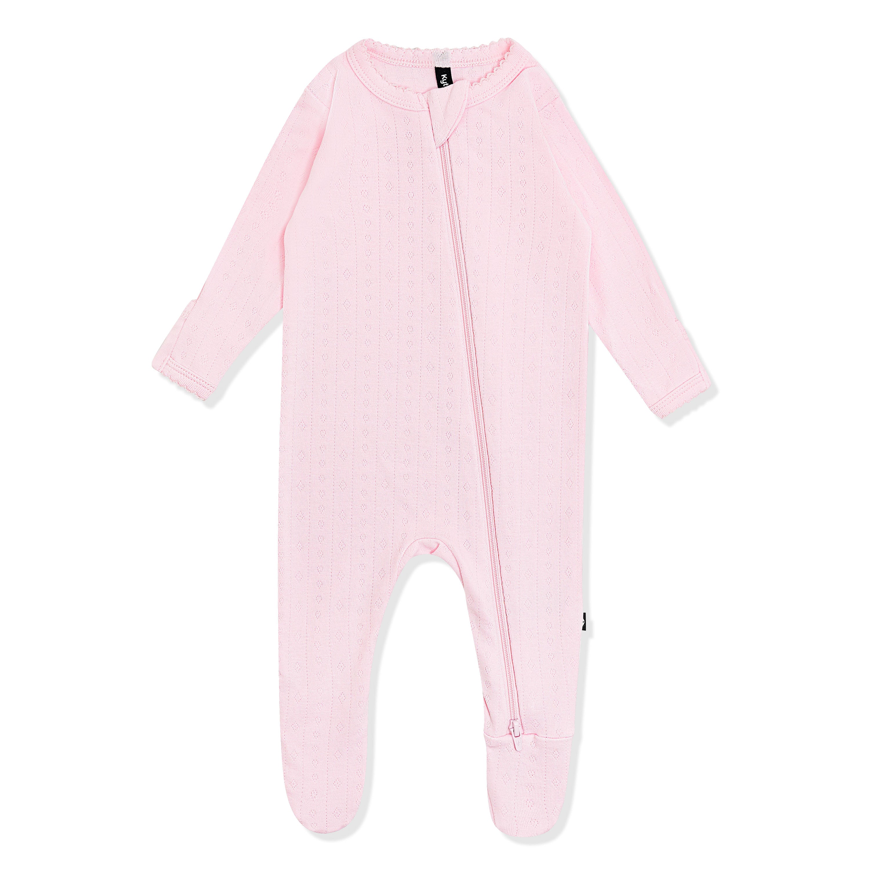 Pointelle Zippered Footie in Sakura showing the picot trim on a white surface