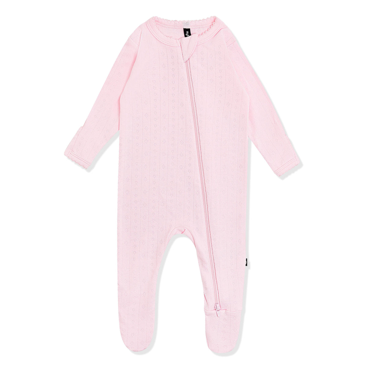 Pointelle Zippered Footie in Sakura showing the picot trim on a white surface