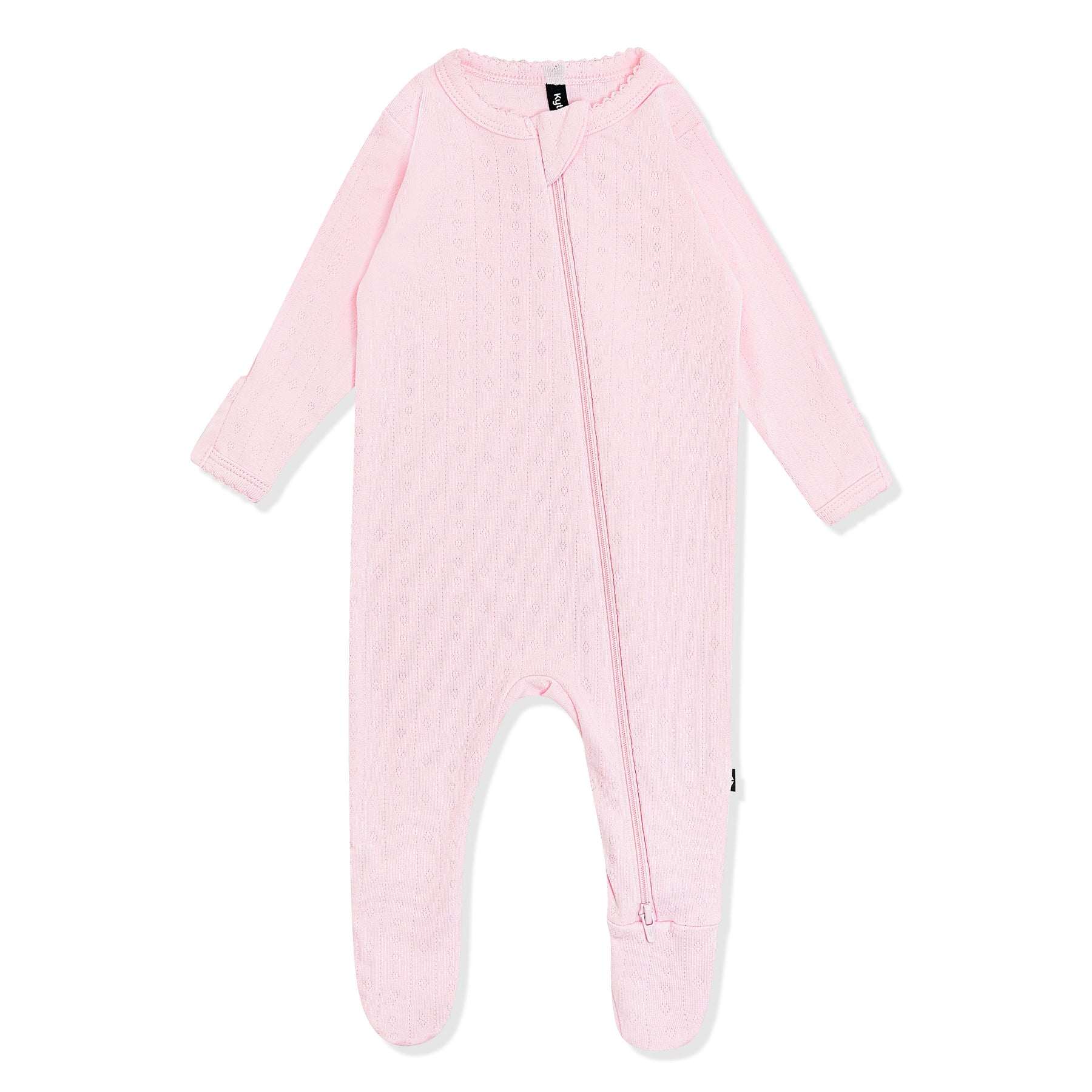 Pointelle Zippered Footie in Sakura showing the picot trim on a white surface