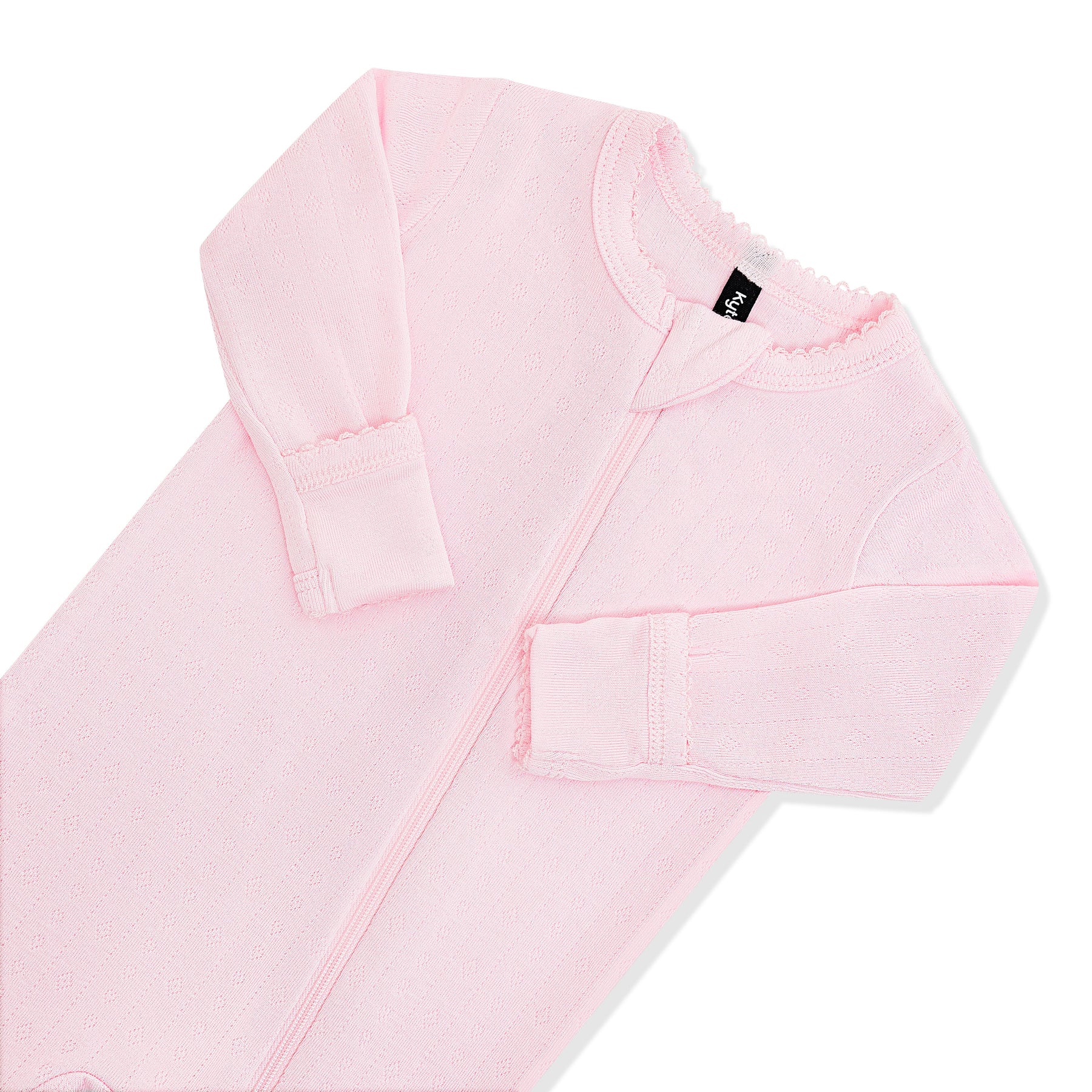 Close up of the picot trim, zipper garage and fold over hand cuffs shown on the Pointelle Zippered Footie in Sakura