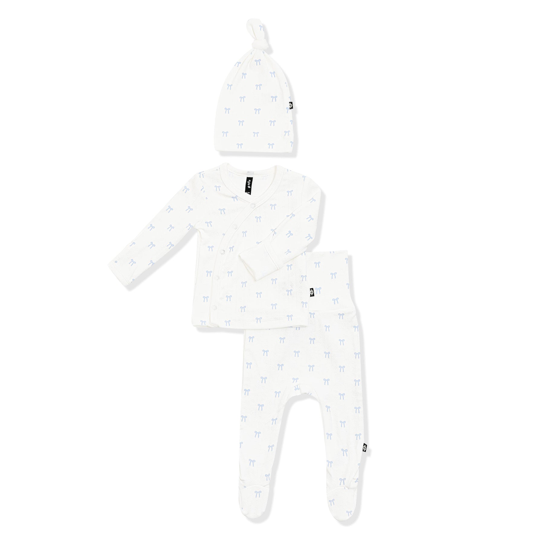 Product photo of the Pointelle Take Me Home Set with Cap in Sweet Blue Bow on a white background